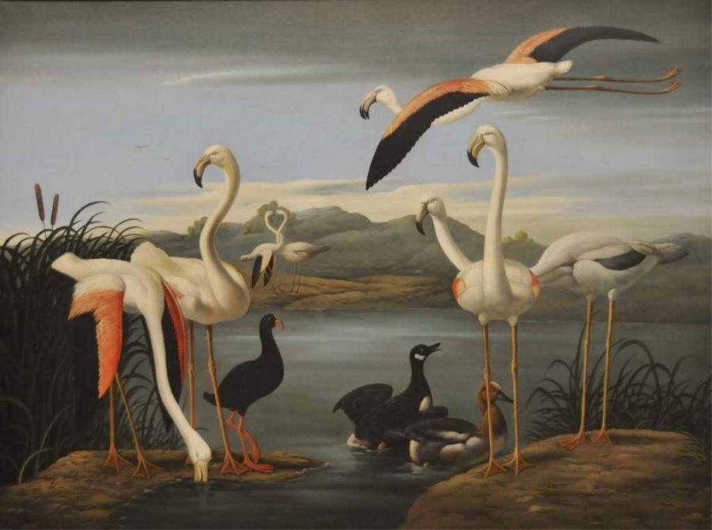 Ray Jacob (20th/21st C.), Manner of Bogdani: Oil enhanced giclee on canvas of flamingos, ducks, and other bird near waterway; in the manner of Jakob Bogdani (Hungarian, 1660-1724); signed lower left "Ray Jacob"; carved gilt wood frame; sight 39 