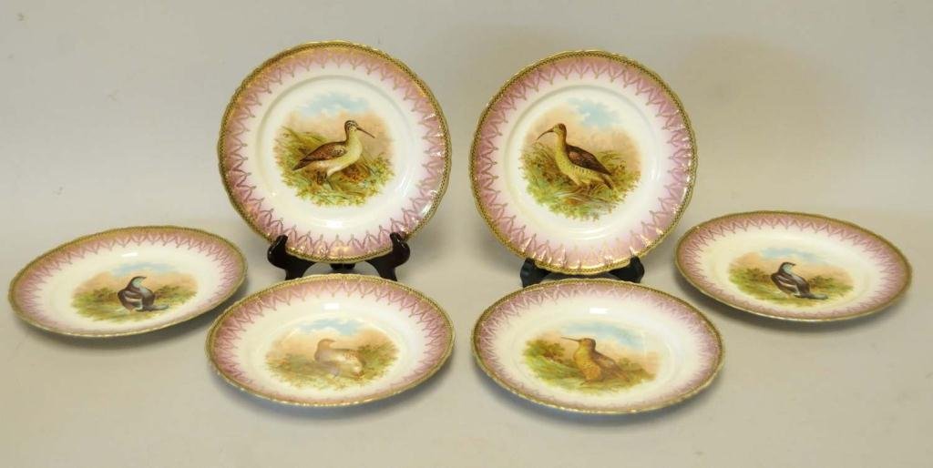 11 German & Austrian Fish & Bird Plates: Including: 1. Set of five 9 1/2" fish plates; marked for Franz Anton Mehlem, Bonn; late 19th/early 20th century; one with minor rim chip, one with crazing and discoloration; 2. Set of six 8 1/2" bird 