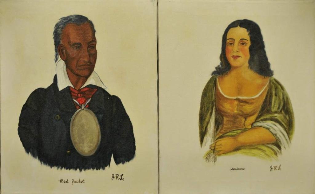 2 Oil Portraits after McKenney & Hall: Two unframed Native American portraits after McKenney & Hall (History of the Indian Tribes of North America), "Red Jacket" and "Pocahontas", both signed lower right "J.R.L.", 16"W, 20"H