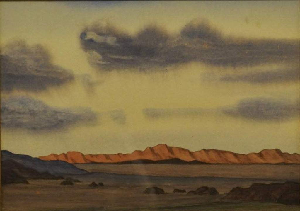 American School Watercolor: Western landscape scene with blue/purple clouds overhead, manner of Maynard Dixon (1875-1946), unsigned, matted and under glass in painted wood frame; sight 14"W, 10 1/4"H; frame 25 1/2"W, 20 1/2'H; n
