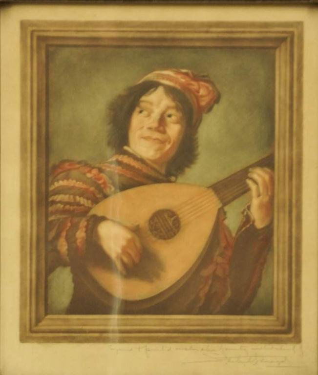 After Franz Hals, S. Arlent Edwards Mezzotint: Samuel Arlent Edwards (1862-1938), "The Lute Player", color framed mezzotint signed and inscribed in pencil LR, after the original oil painting by Franz Hals (Dutch, 1582-1666) now in the Louvre Museu