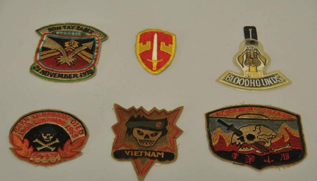 Six Viet Nam In-Country Patches: Son Tay Raider, 615 Military Police Bloodhounds, 544th Transport, RT New Jersey Recon, MACV, SOG