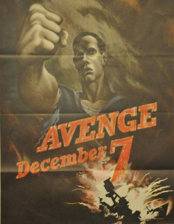 Original WWII Poster--Bernard Perlin: Bold World War II recruiting poster "Avenge December 7" depicting a sailor in tattered uniform shaking a defiant fist while a battleship explodes below; OWI Poster No. 15. U.S. Government Printing Off