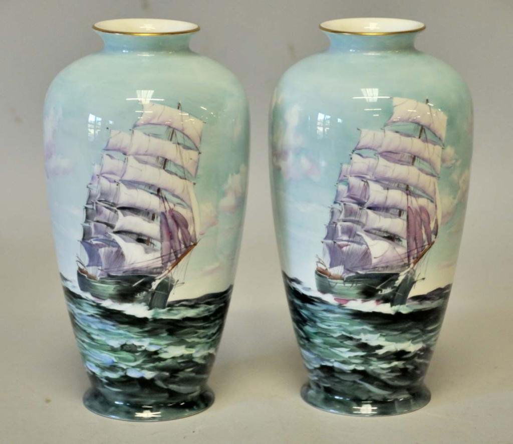 Pr. of Noritake Nippon Toki Kaisha Vases: Pair of hand painted and artist signed Japanese bone china vases depicting sailing ships on the open seas, 9 3/4"H--From the estate of Thomas A. Gandy, Society Hill, SC