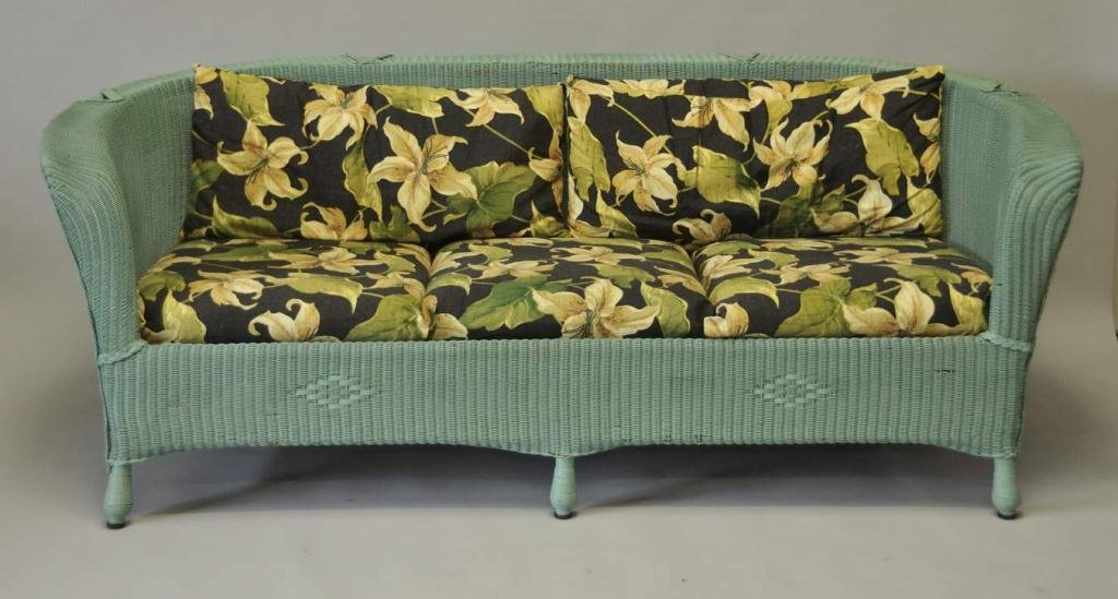 Green Wicker Settee, 2 Rocking Chairs: Matching three-piece seating group of wicker and wood construction, spring seats, green-colored paint overall with floral upholstery; settee 76"W, 33"D, 28 1/2"H; chairs 33 1/2"W, 34 1/2"D, 29 1/2"H; 