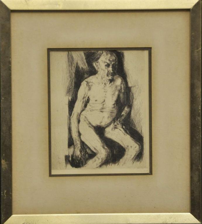 Kathe Kollwitz (German, 1867-1945): Framed etching, Seated Male Nude, "A.V.D. Becke Muenchen-22" blindstamp lower right; matted and under glass in gilt metal and wood frame; sight 4 3/4"W, 6"H; frame 9 7/8"W, 11 1/8"H; toning to mat, me