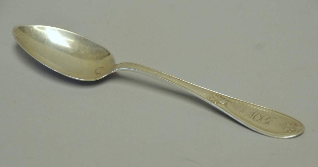 Sterling Spoon, A. H. Hayden, Charleston: Marked A. H. Hayden (Augustus H. Hayden, Charleston), "Patent 1837" and "Sterling"; olive style pattern, monogram "MI?G", 6"L--From the estate of Thomas A. Gandy, Society Hill, SC