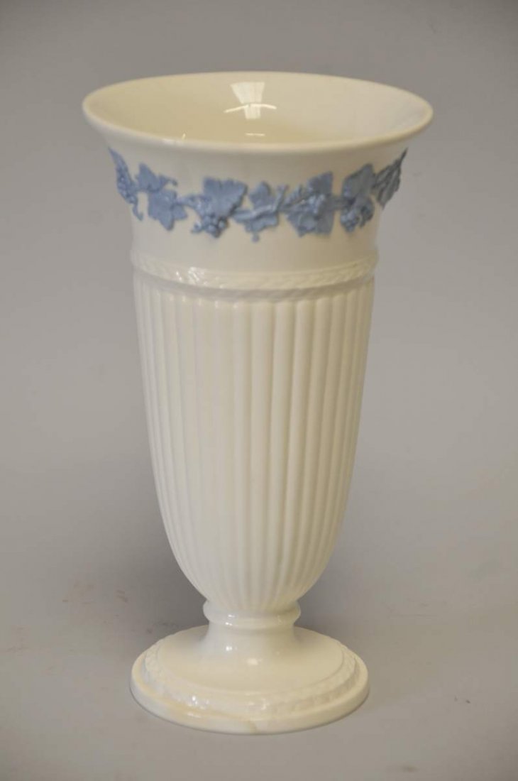 Wedgwood Embossed Queens Ware Vase: White ground with blue grape cluster and leaf motif, 11"H