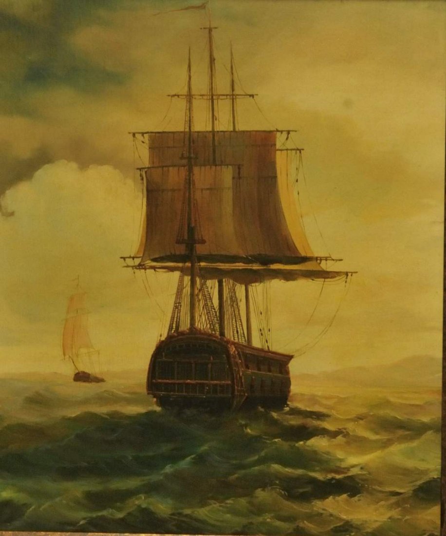 Continental School, Ship at Sea: Framed oil on canvas mounted on board of three-masted ship at sea; unsigned; mid to late 20th century; paint finished Rococo Revival frame; sight 19 1/2"W, 23 1/2"H; frame 28 1/4"W, 32 1/4"H
