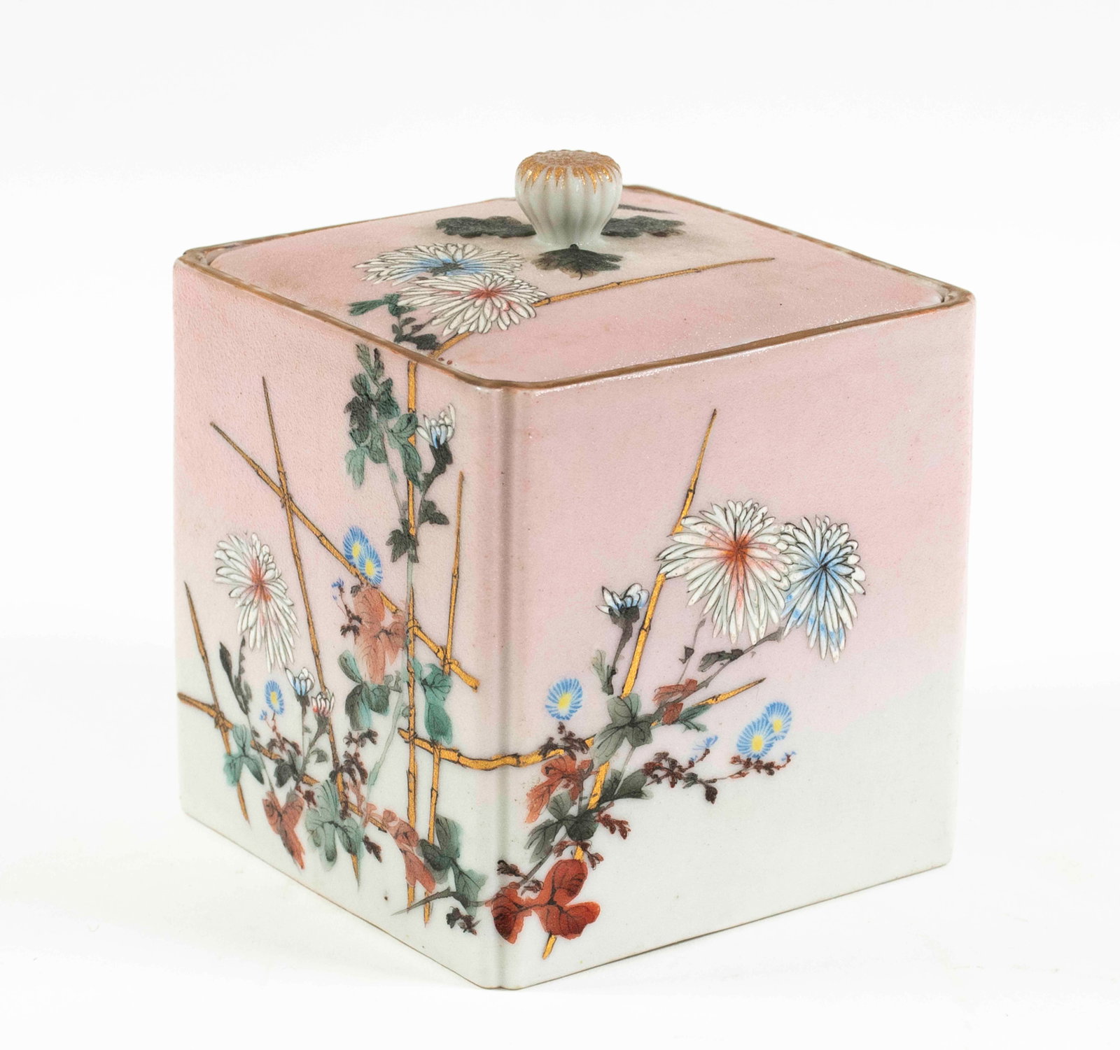 Takeuchi Chubei Japanese Sharkskin Porcelain Box: Japanese enameled sharkskin porcelain box or tea caddy, lid decorated with a sparrow, bamboo and chrysanthemums; sides decorated with chrysanthemums, bamboo, orchids and plums; base signed "Takeuchi C