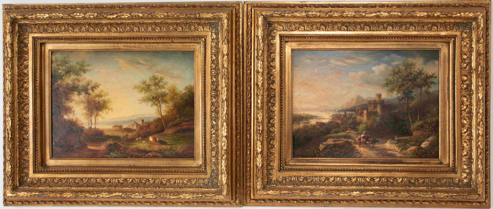 Pr. Signed Contemporary Oil on Board Landscapes: 1. Seaside Continental landscape with boats, figures walking and on horseback with cattle on a pathway, signature lower right appears to be "Richard"---2. Continental landscape with horses and sheep i