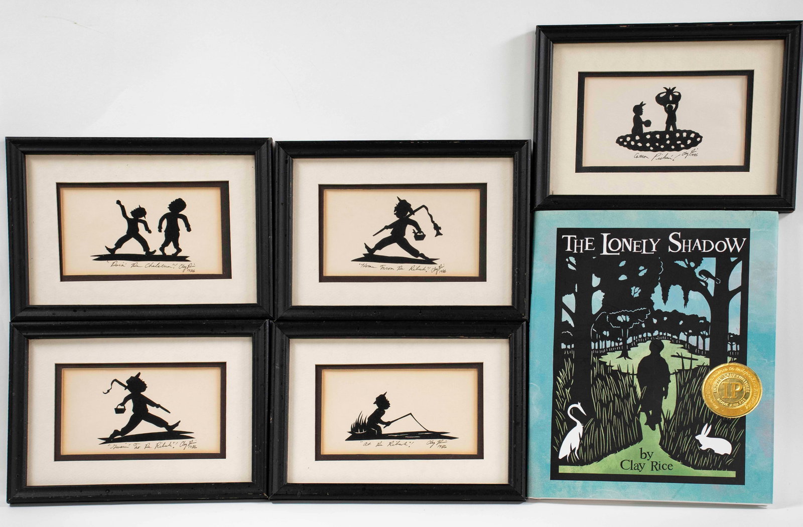 5 Clay Rice Original Silhouettes & Signed Book: Clay Rice (South Carolina, 20th century), five original signed and dated silhouettes: "Home From De Ribuh"! 1986; "Doin' De Chalstun"! 1986; "Gwain' To De Ribuh!"! 1986; "At De Ribuh"! 1986; Cotton Pi