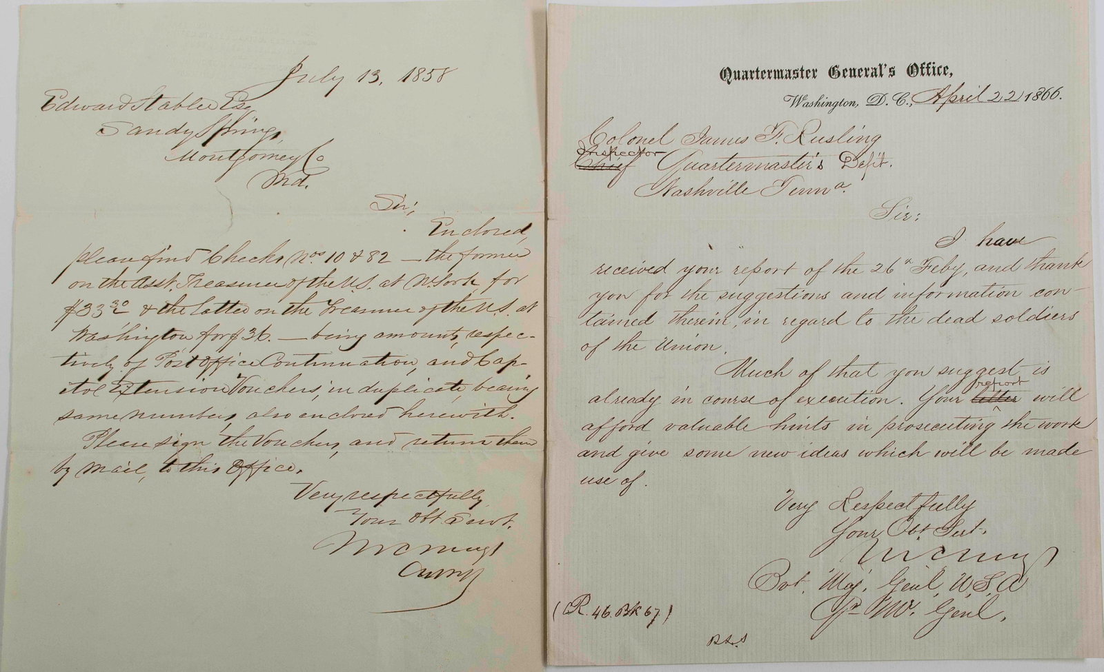 2 General Montgomery C. Meigs Signed Letters: Montgomery C. Meigs (1816-1892), highly efficient Quartermaster General for the Union Army during the Civil War and also instrumental in the development of Arlington National Cemetery: 1. Handwritten