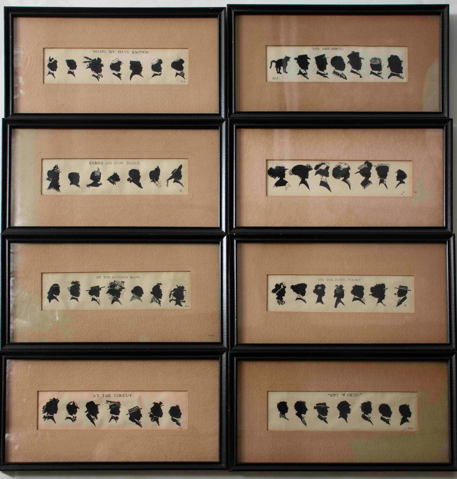 Series of Eight Painted Silhouette Groupings: Each silhouette grouping comprised of seven painted black bust profiles on paper measuring approx. 2 1/4" x 8 1/2", each matted and under glass in black painted rectangular frame measuring 7" x 13 1/4