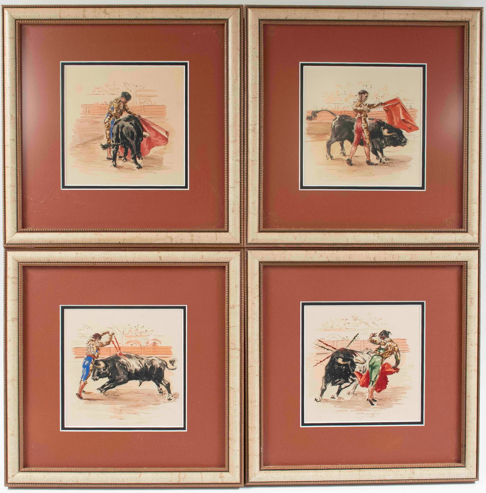 Set of Four Framed Bullfighting Watercolors: Set of four Spanish school watercolors on paper, each depicitng a bullfighting scene, unsigned, framed as a matching set, matted and under glass in wood frames; sight 5 1/2" x 5 1/2"; frame 11 1/4" x