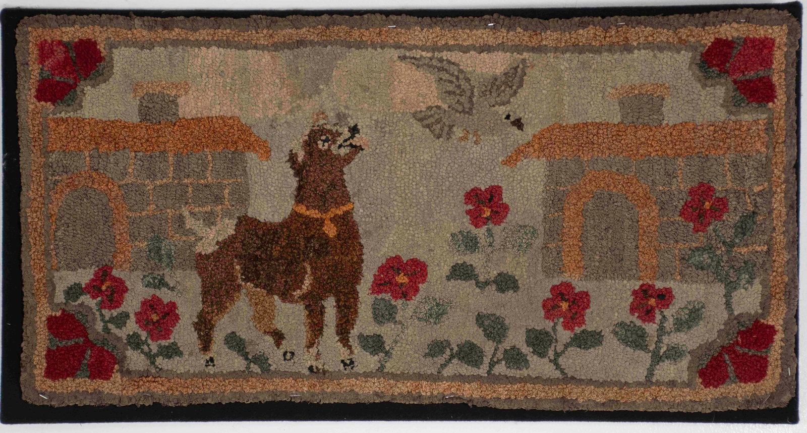 American Folk Art Hooked Rug w/ Dog & Bird (1 of 5)