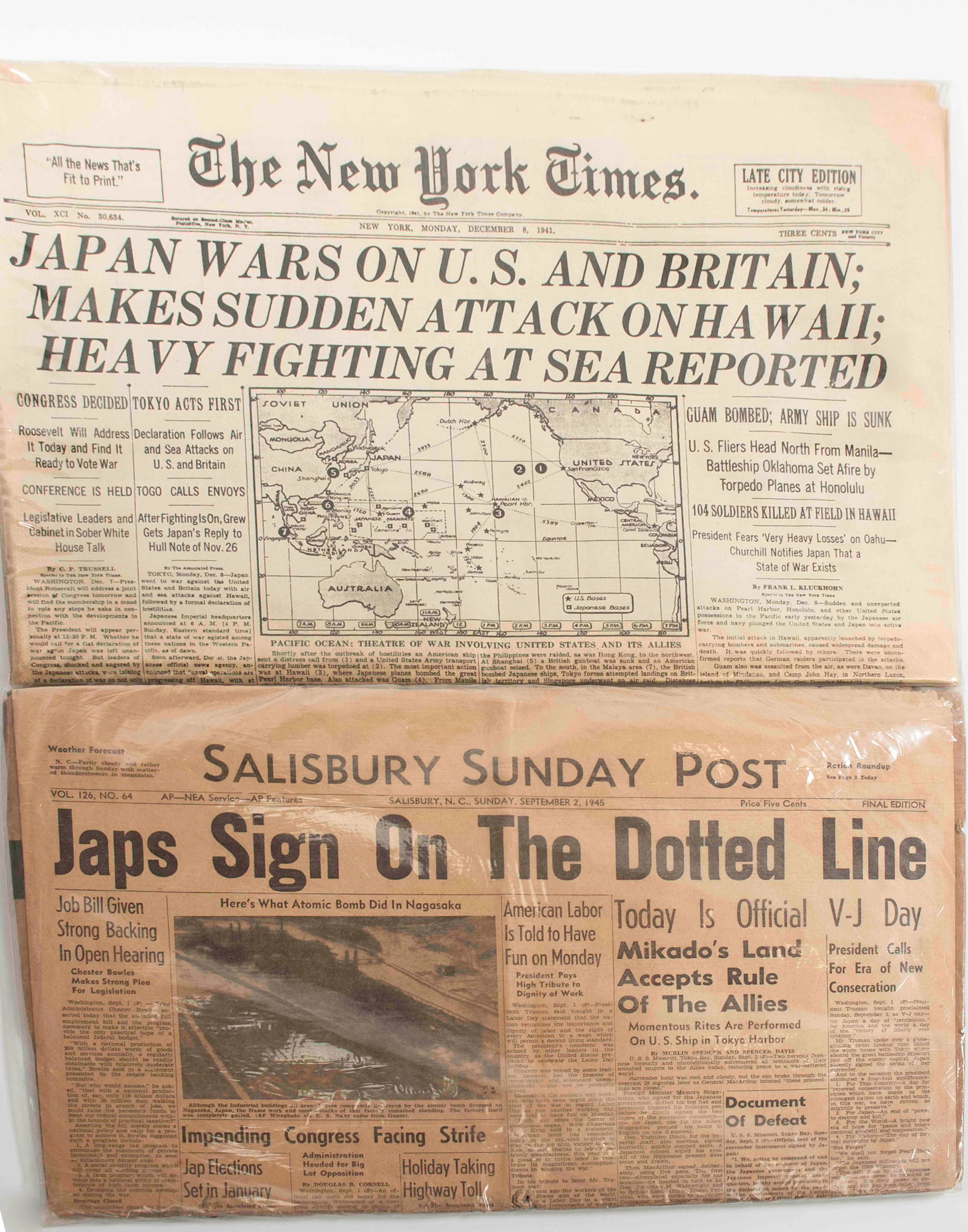 Pearl Harbor Attack & Japanese Surrender Editions: Two WWII historic newspaper editions: December 8, 1941, copy of the Late City Edition of The New York Times announcing the Japanese attack on Pearl Harbor, front-page headline reads "JAPAN WARS ON U.S