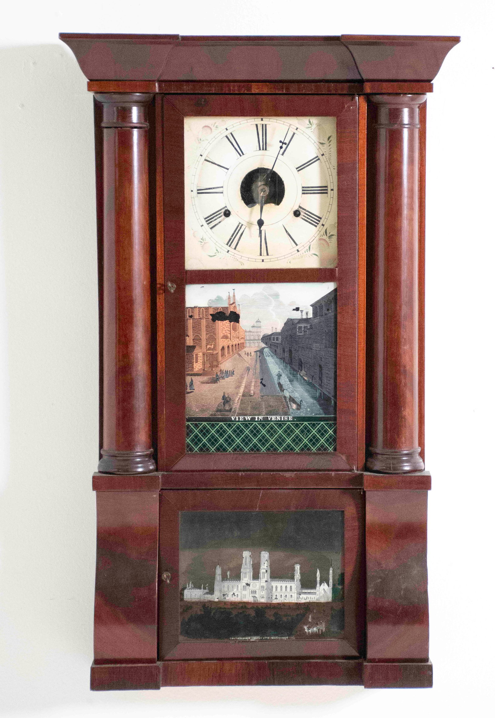 Birge, Peck & Co. Triple Decker Shelf Clock: American, 19th century, painted tin dial with Roman numerals and floral spandrels, mahogany case with stepped ogee cornice over central door having original transfer and hand painted tablet entitled