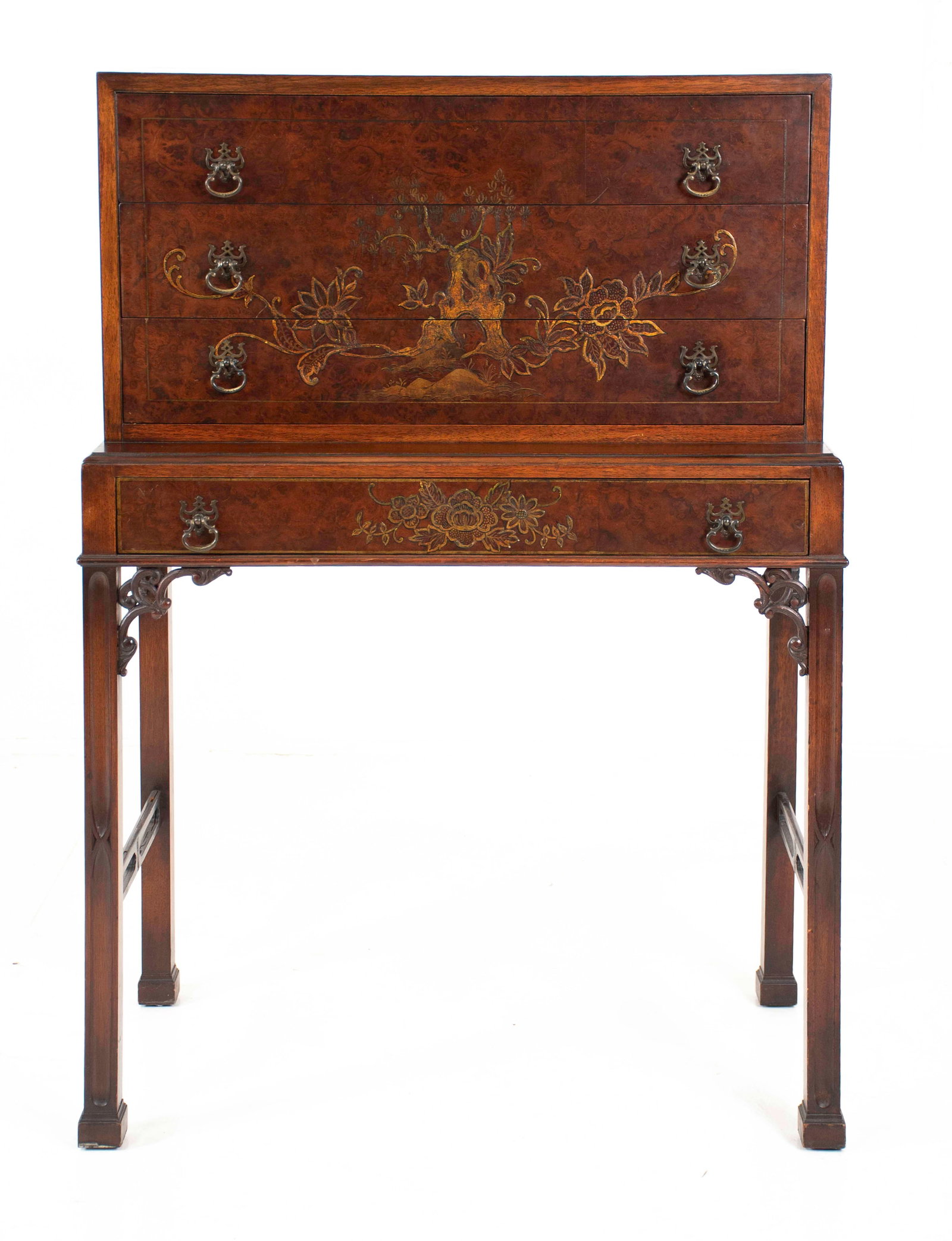 Mahogany and Decoupage Chest on Frame: One-part construction, upper section with three drawers over a lower section with one long drawer and rising on carved square legs with pierced stretchers, figured mahogany veneer with decoupage