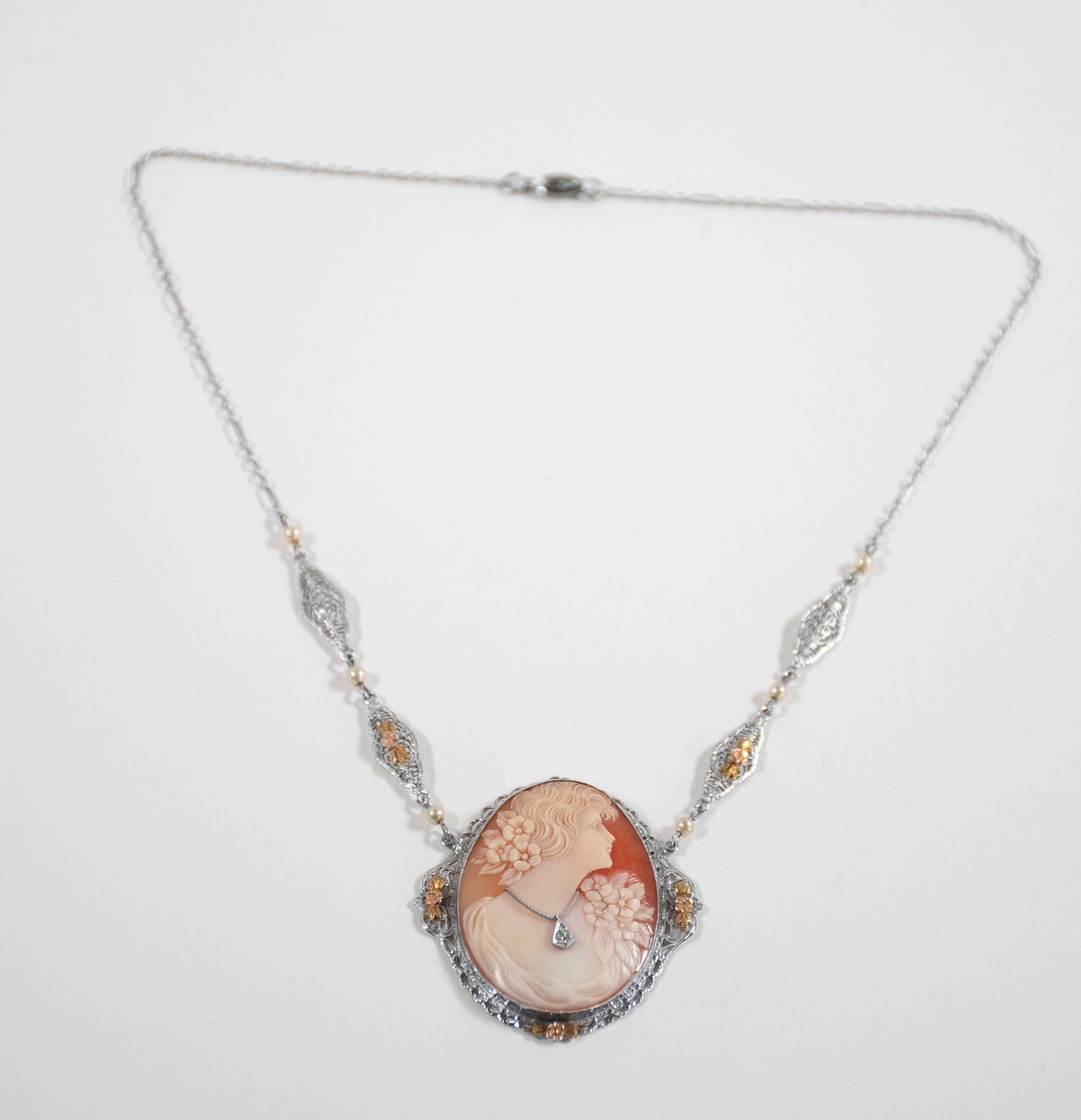 14K Cameo Necklace w/ Diamond: 14K white gold chain having gilt accents, integral carved shell cameo pendant of lady wearing a necklace with small diamond, marked "14K"; necklace 16"L, cameo 1 1/2"H---total weight 8.66 grams