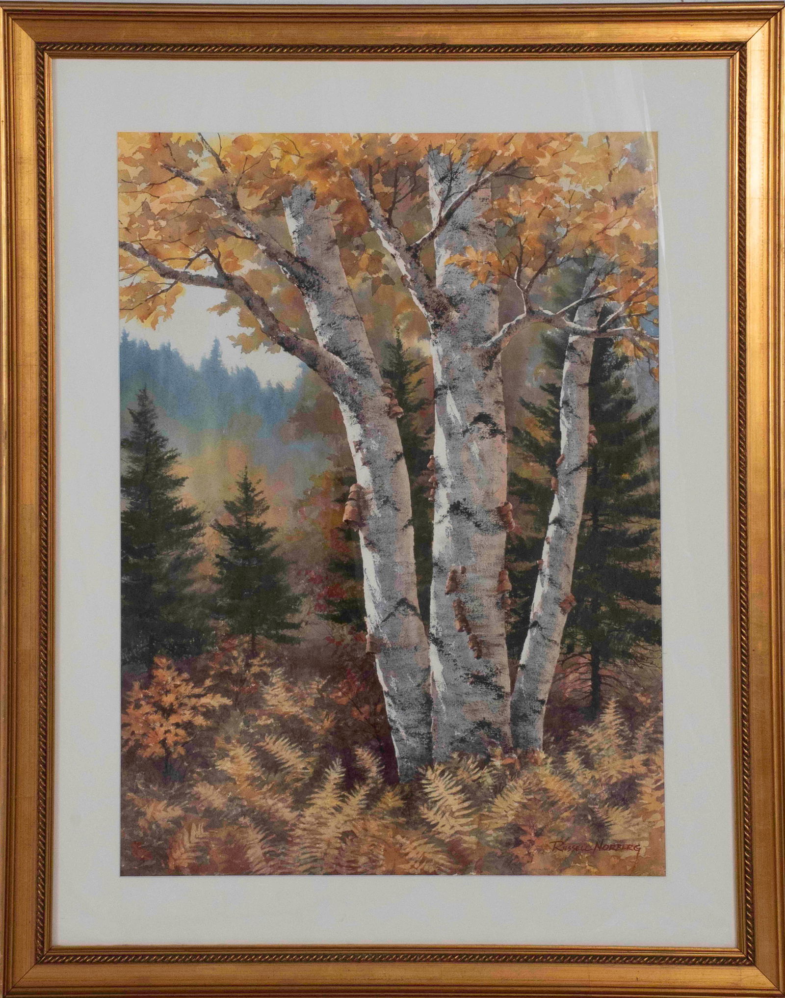 Russell Norberg (American, 1933-2022): Watercolor depicting an autumn forest landscape with birch tree among the pines, signed lower right "Russell Norberg", matted and under glass in gilt wood frame; sight 29 3/4"H, 21 3/4"W; frame 39