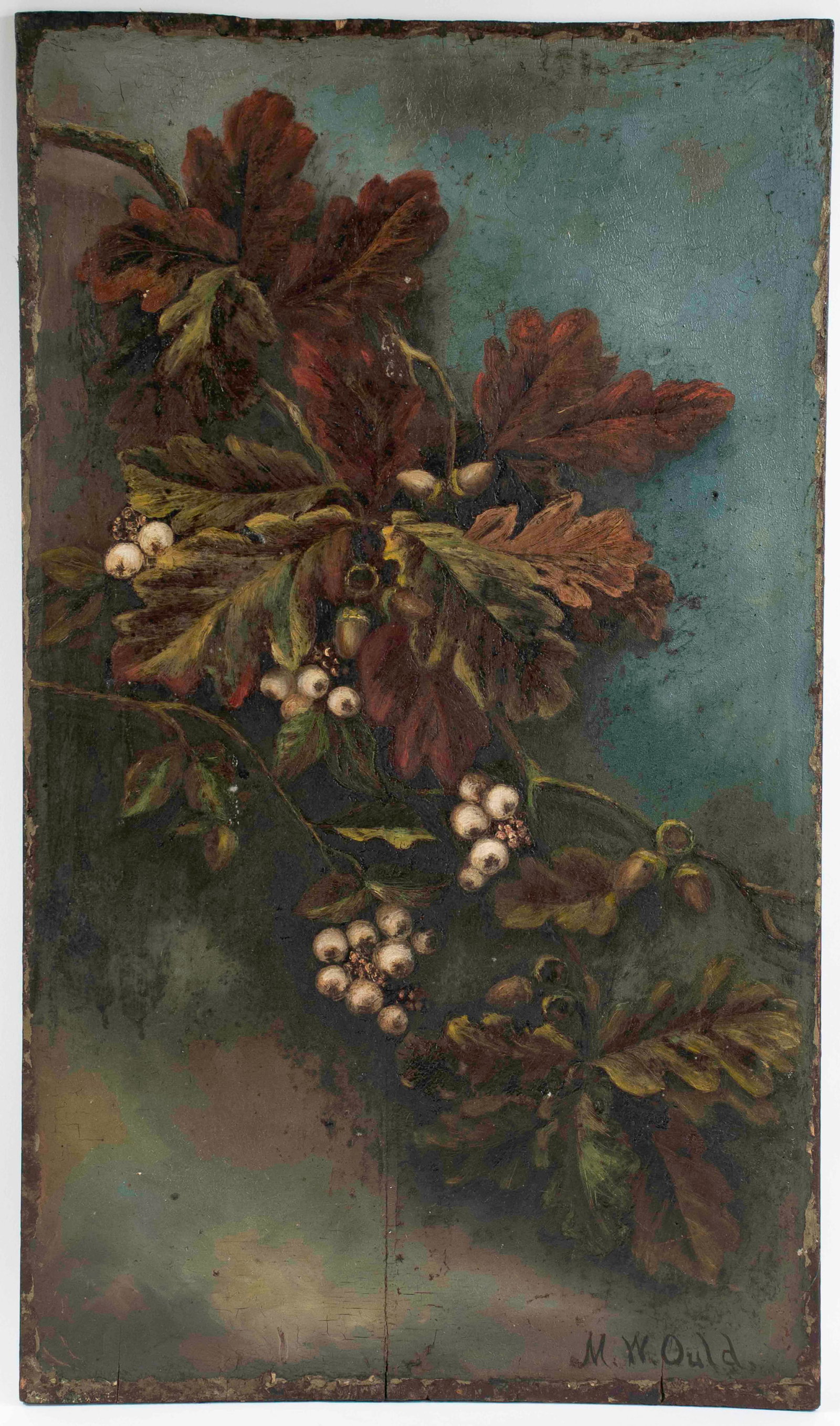 19th C. Painting Signed M. W. Ould: Oil on board, branches with oak leaves and acorns amidst branches with snowberries, signed lower right "M. W. Ould", reverse side with faded landscape depicting palm trees and other flora, unframed;