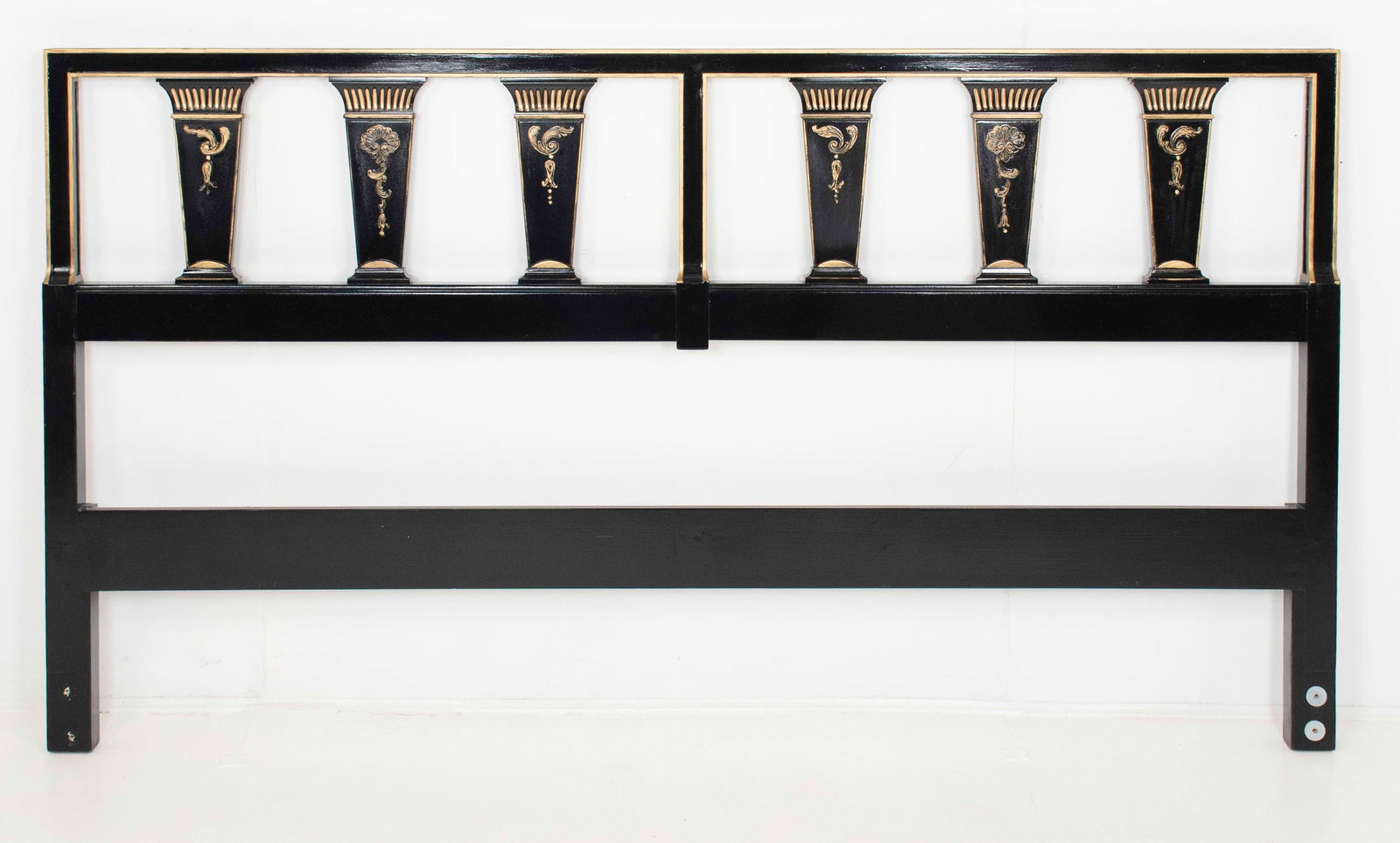John Widdicomb Black Lacquer & Gilt Headboard: Black lacquer with gilt accents, "John Widdicomb" metal label on back side; 79 1/2"W, 43 1/4"H, 2"D; good condition with minor signs of wear ---This lot does not qualify for in-house shipping.