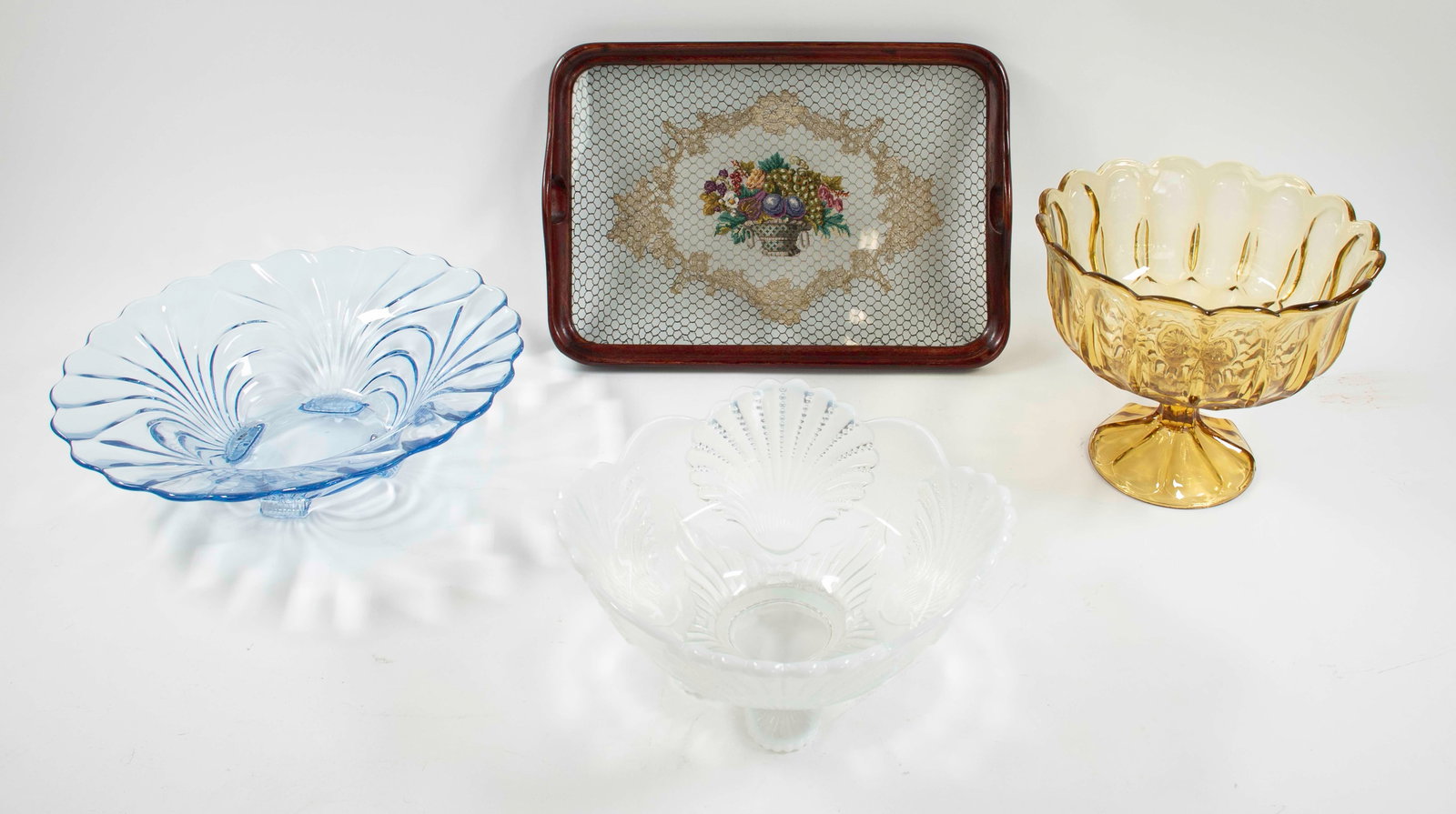 Needlepoint Tray & 3 Vintage Glass Bowls: Wooden dresser or serving tray with handles and molded edges, center with needlepoint panel under glass depicting a basket of fruit framed within an embroidered gilt thread floral cartouche, honeycomb