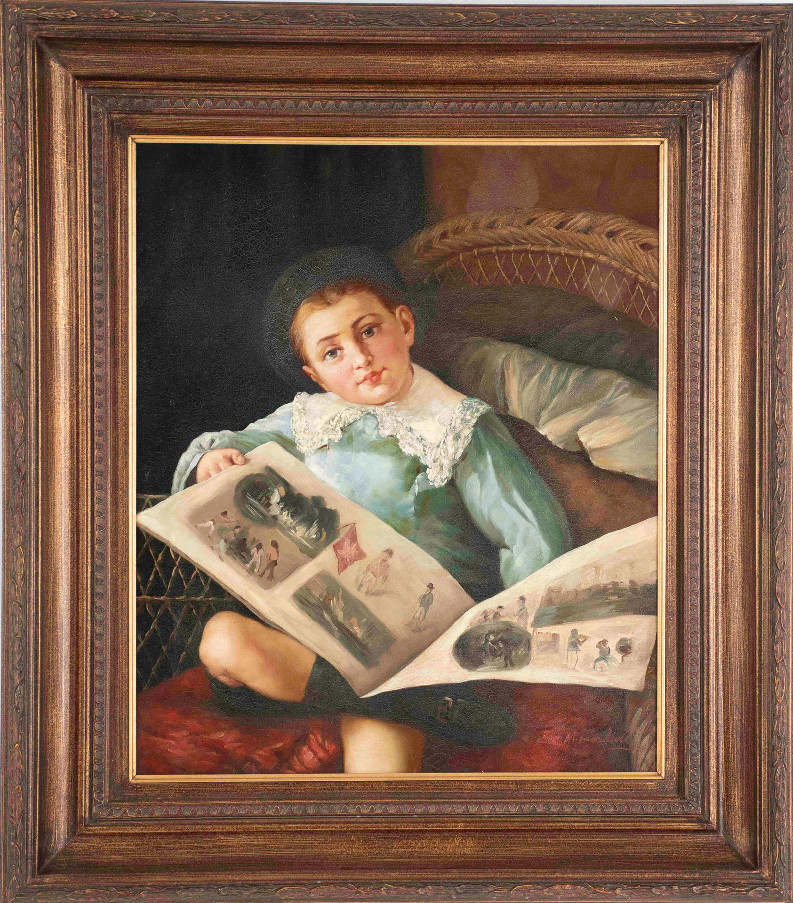 Portrait of Young Boy Reading Book: Oil on canvas, signed lower right "M. Moshall", late 20th / 21st century, in a contemporary painted and carved gilt wood frame; sight 23 1/2" x 19 3/4"; frame 33 1/2" x 29 1/2"; good condition
