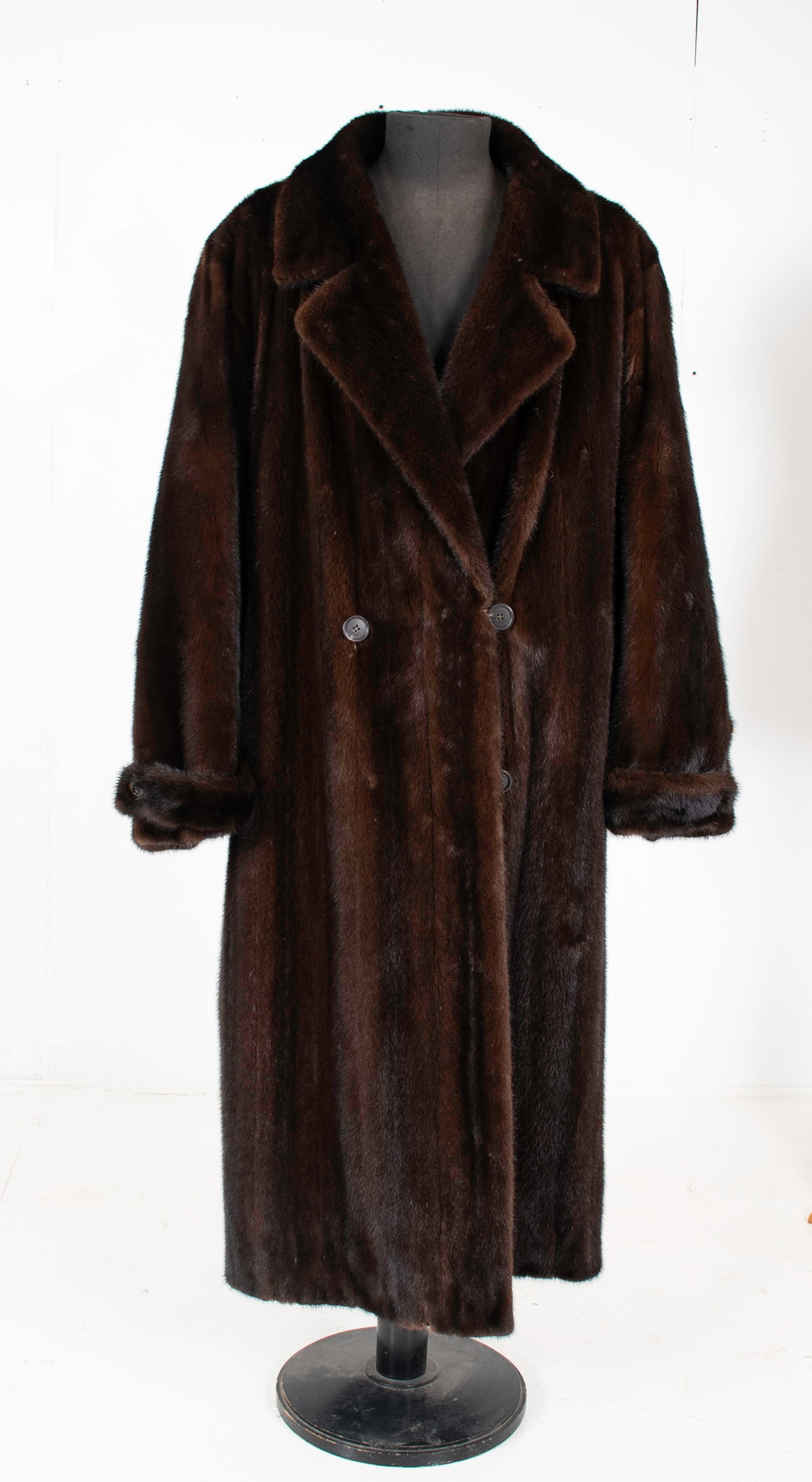 Elan Furs Man's Double-Breasted Full Length Mink: Gentleman's double-breasted, full length dark brown mink coat, retains "Elan Furs" label, lined and with former owner's embroidered name; size L - XL; shoulder to hem approx. 53"; sleeve length