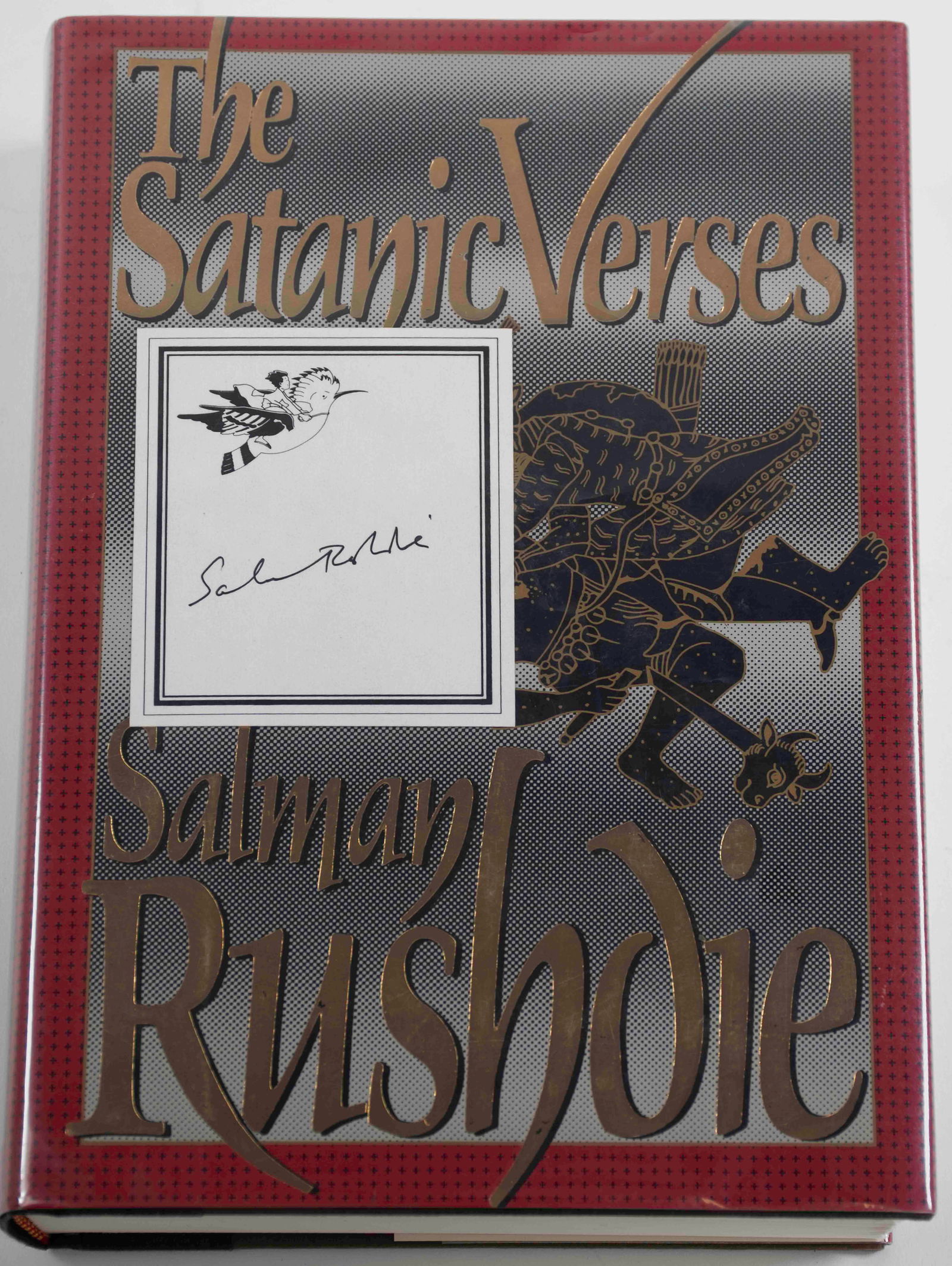 Salman Rushdie Signed Book Plate, 1st Edition: "The Satanic Verses" by Salman Rushdie, First American Edition, Viking Penguin, 1989; with unclipped dust jacket and book plate signed by author (Inv. 42)