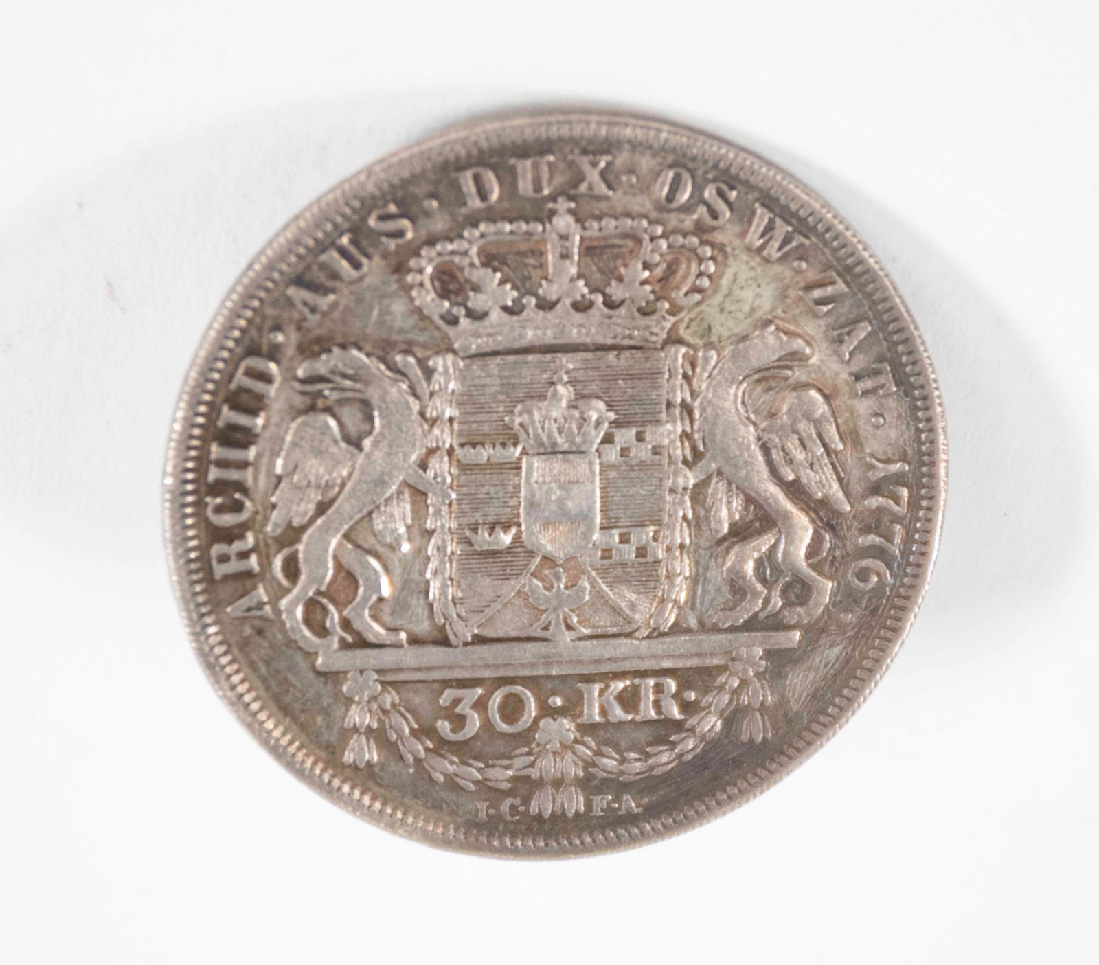 1776 Maria Theresia 30 Kreuzers Silver Coin: Austrian Partition of Poland, Maria Theresia, 30 Kreuzers silver coin, made into button with shank on obverse (Inv. 34-1)