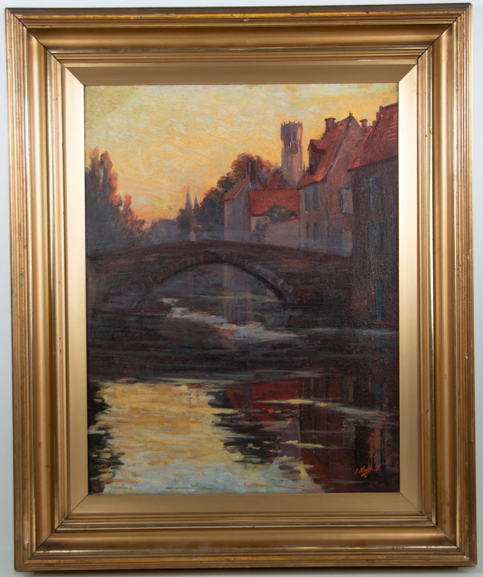 J. Muir, Oil on Canvas with View of Bruges: Qualifies for in-house shipping---Impressionistic oil on canvas depicting the Belfry Tower and a bridge over a canal in Bruges, Belgium; signed and dated lower right "J. Muir 1910", gilt wood frame; 2