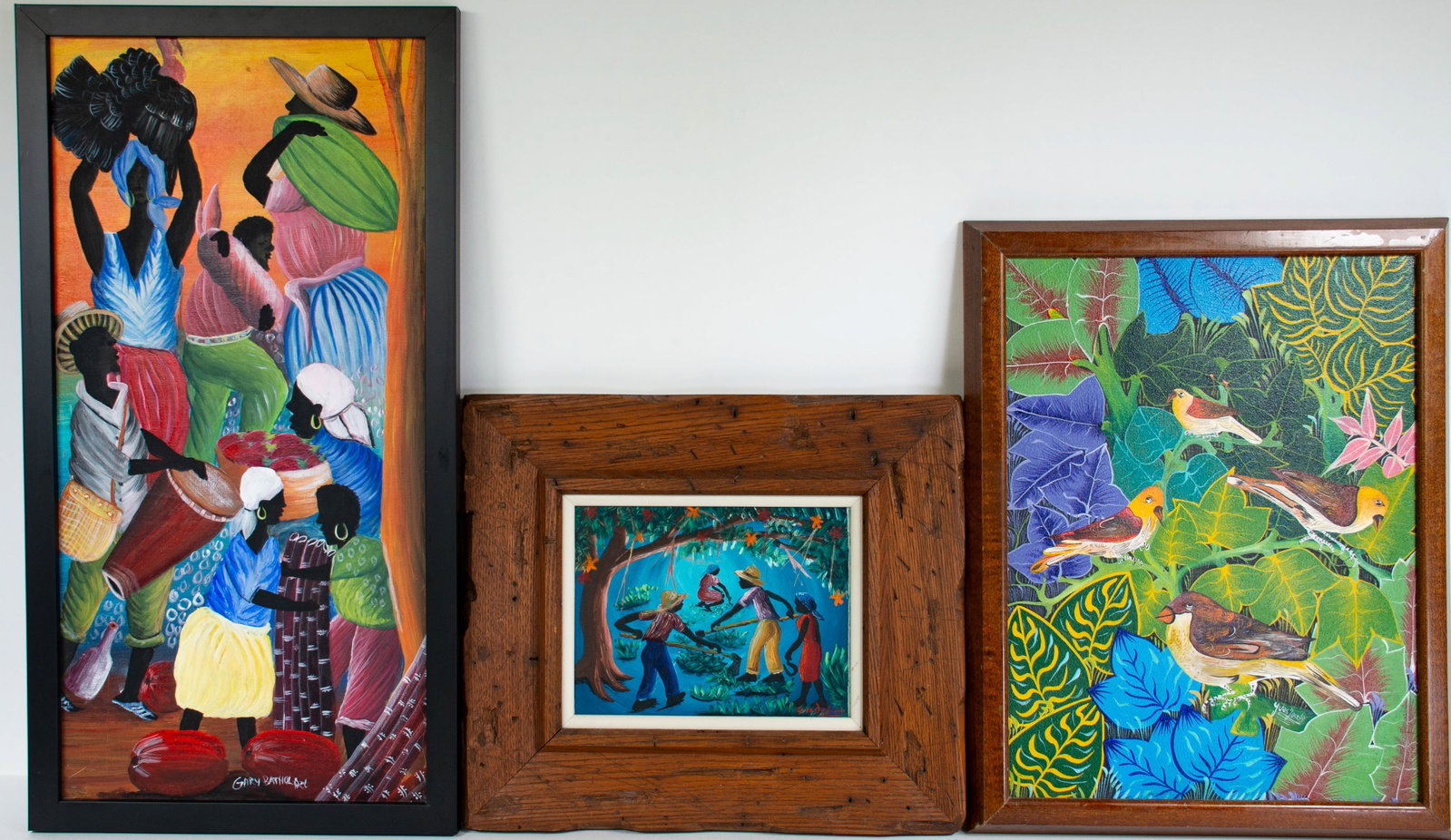 Three Colorful Haitian Acrylic Paintings: Qualifies for in-house shipping---1. Gary Bathol acrylic on canvas, depicting a colorful and lively scene with male and female figures carrying various items including a turkey, a melon, bamboo, drum,
