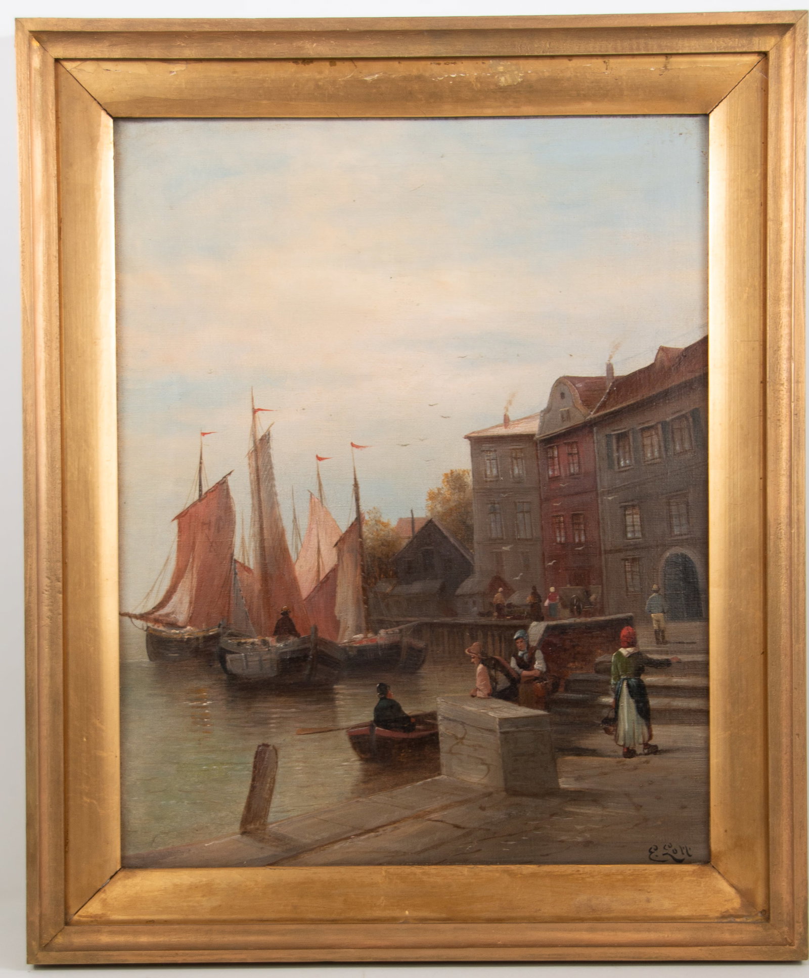 E. Lott, Dutch Harbor Scene, Oil on Canvas: Qualifies for in-house shipping---19th century Dutch harbor village scene with figures and boats; label attached verso identifies location as the Dutch port village of Nieuwerkerk, Holland; signed low