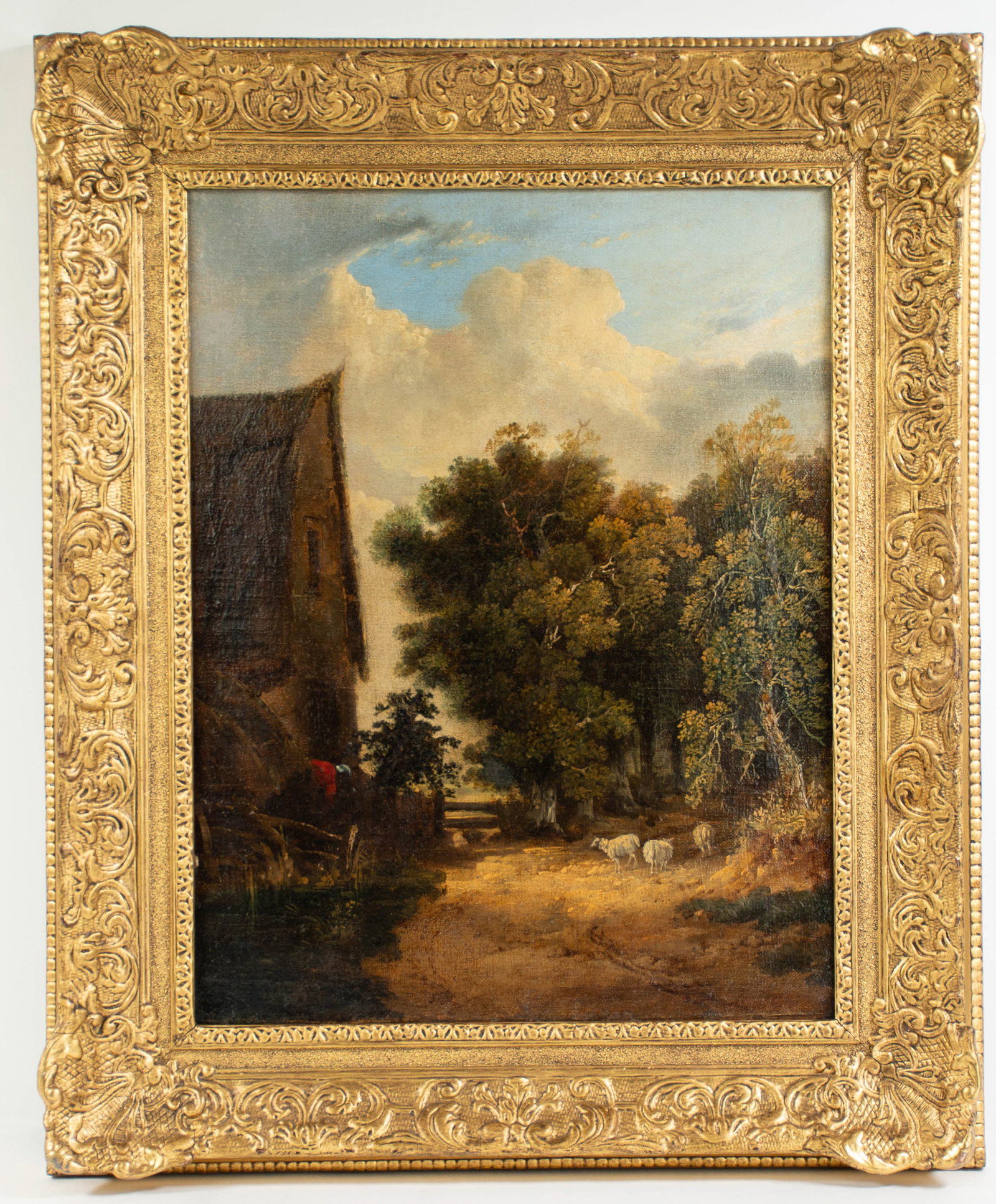 Attributed to James Stark (British, 1794-1859): Qualifies for in-house shipping---Norwich School, oil on canvas depicting a wooded landscape and barn with sheep grazing and man working, unsigned, in 19th century gilt wood frame; 17"H x 13"W; frame 