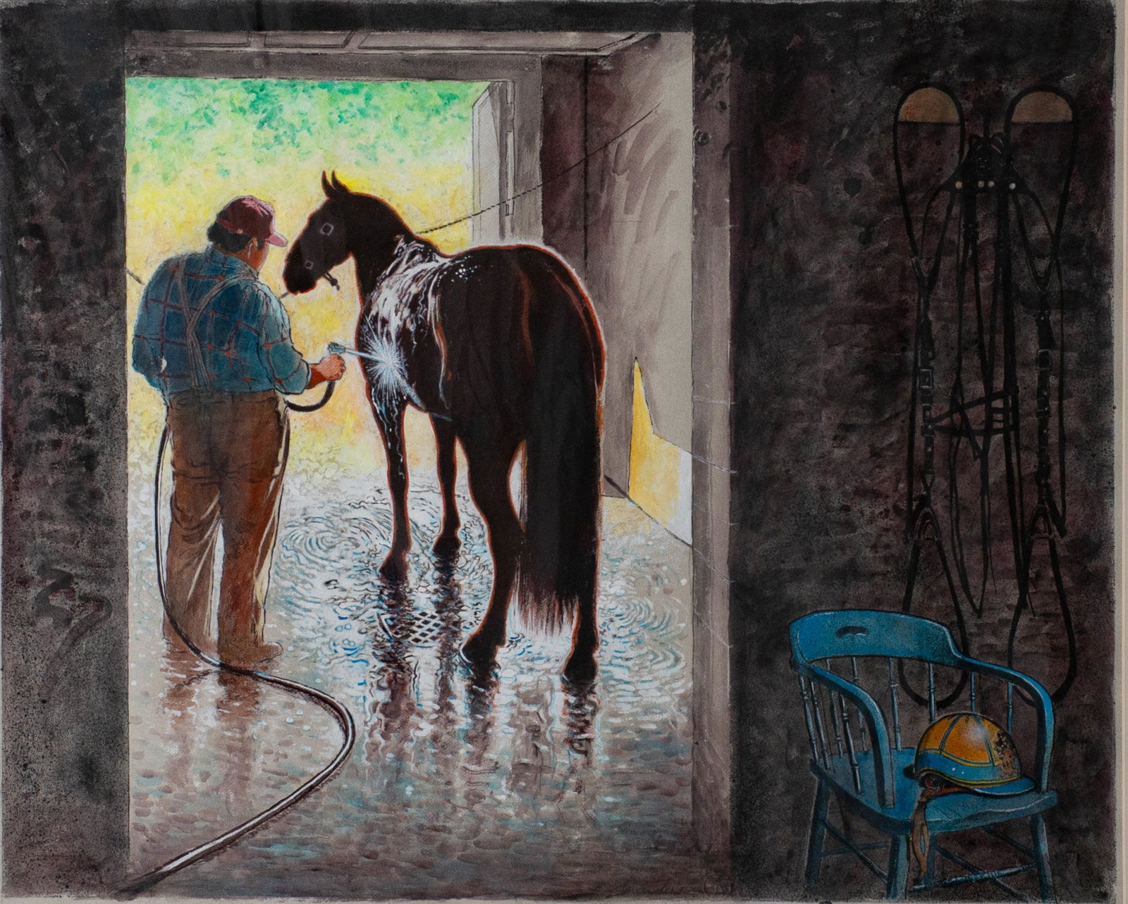 Boyd Saunders (South Carolina, b. 1937) Acrylic: "Bathing Beauty", acrylic on paper, depicting a man washing down a horse, signed lower center, signed and titled on the backing "Bathing Beauty '91 / Boyd Saunders / Acrylic on Paper", matted and