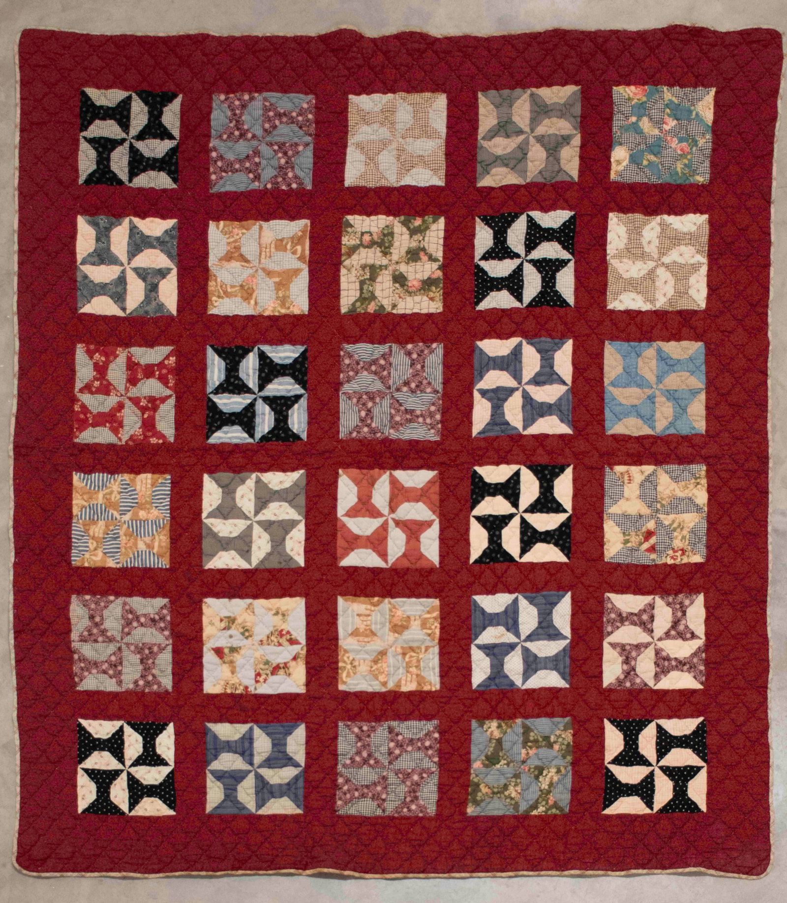 S. Carolina Antique "Bow Tie" Pieced Quilt: Qualifies for in-house shipping---Late 19th / early 20th century; retains original label from the McKissick Museum South Carolina Quilt History Project 1983-86, No. EDG-39; thirty blocks with pattern 