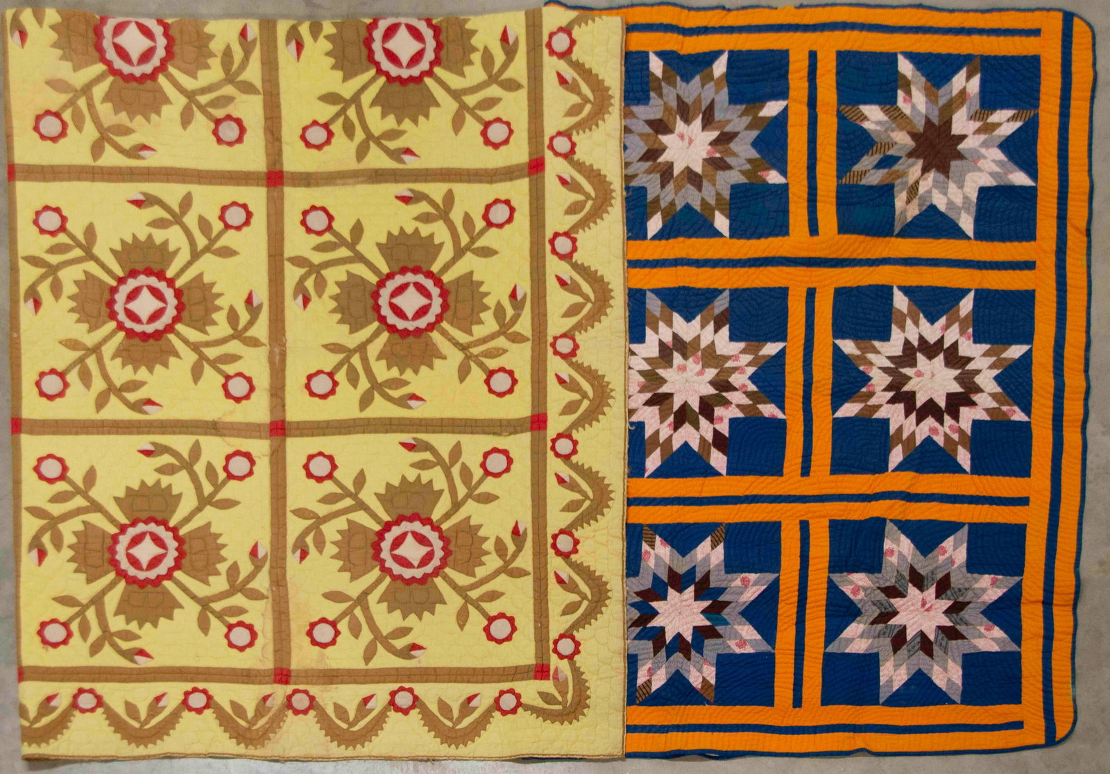 Whig Rose Applique and Star Pattern Quilts: Qualifies for in-house shipping---Two early 20th century handmade quilts: 1. Whig Rose applique quilt; red, pinkish / tan, and brown flowers on a bright yellow ground; floral swag border on three