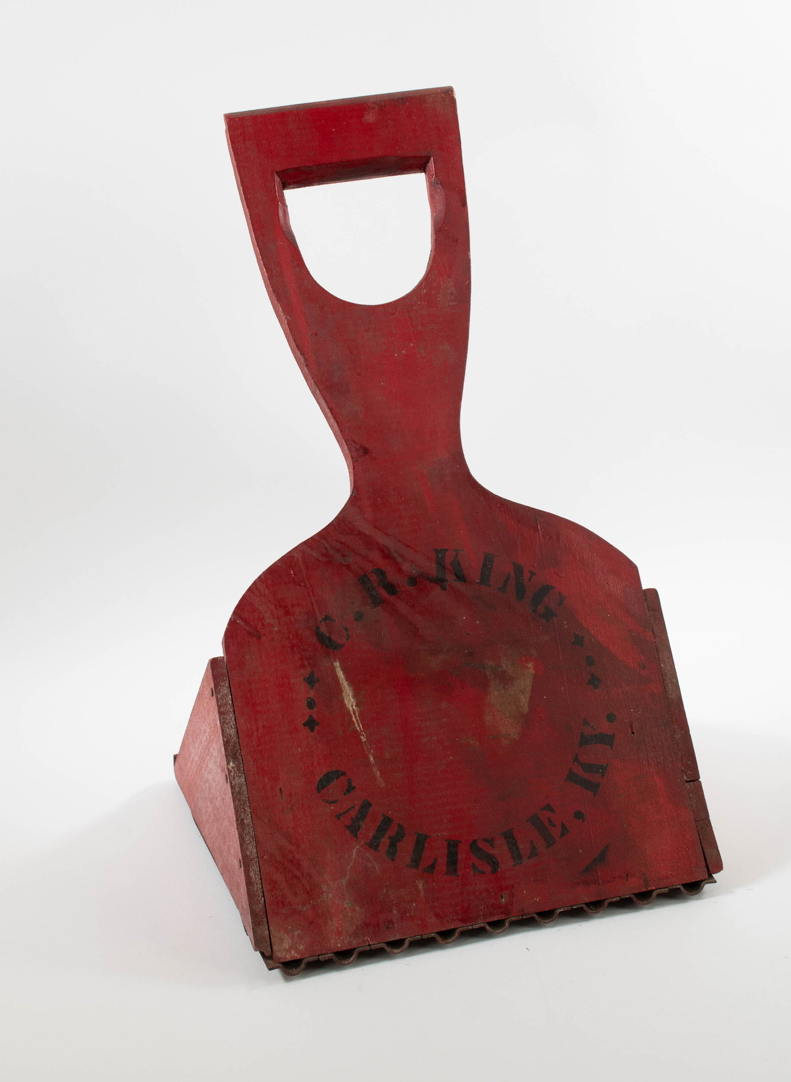 Carlisle, KY, Bluegrass Seed Stripper: Qualifies for in-house shipping---19th century, red painted bluegrass seed stripper, stenciled "C. R. King / Carlisle, KY."; wooden scoop with metal pointed teeth or prongs for harvesting; cut-out