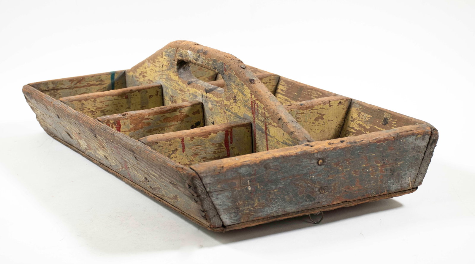 Painted Wooden Toolbox: Qualifies for in-house shipping---Early 20th century, rustic toolbox with remnants of paint throughout, divided into seven compartments, with handle; approx. 21 1/2"L, 12 3/4"W, 5 3/4"H (Inv. 43)
