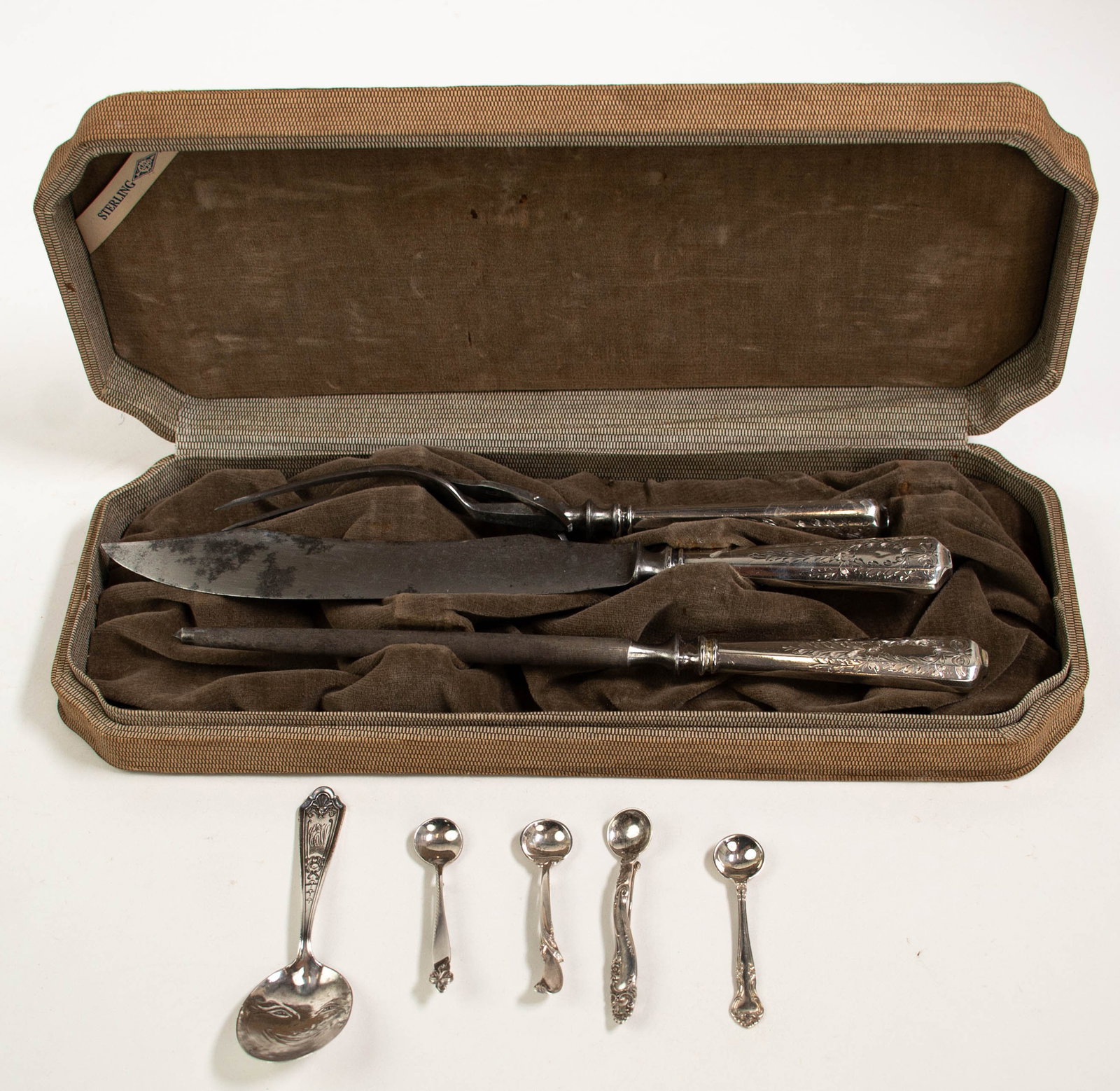 Lot of Misc. Sterling Silver Items: Qualifies for in-house shipping---Eight pieces: Cased three-piece carving set with sterling handles by Webster Co.; Pattern WSC45 with engraved floral swags and ribbon; no monogram; comprising 11"