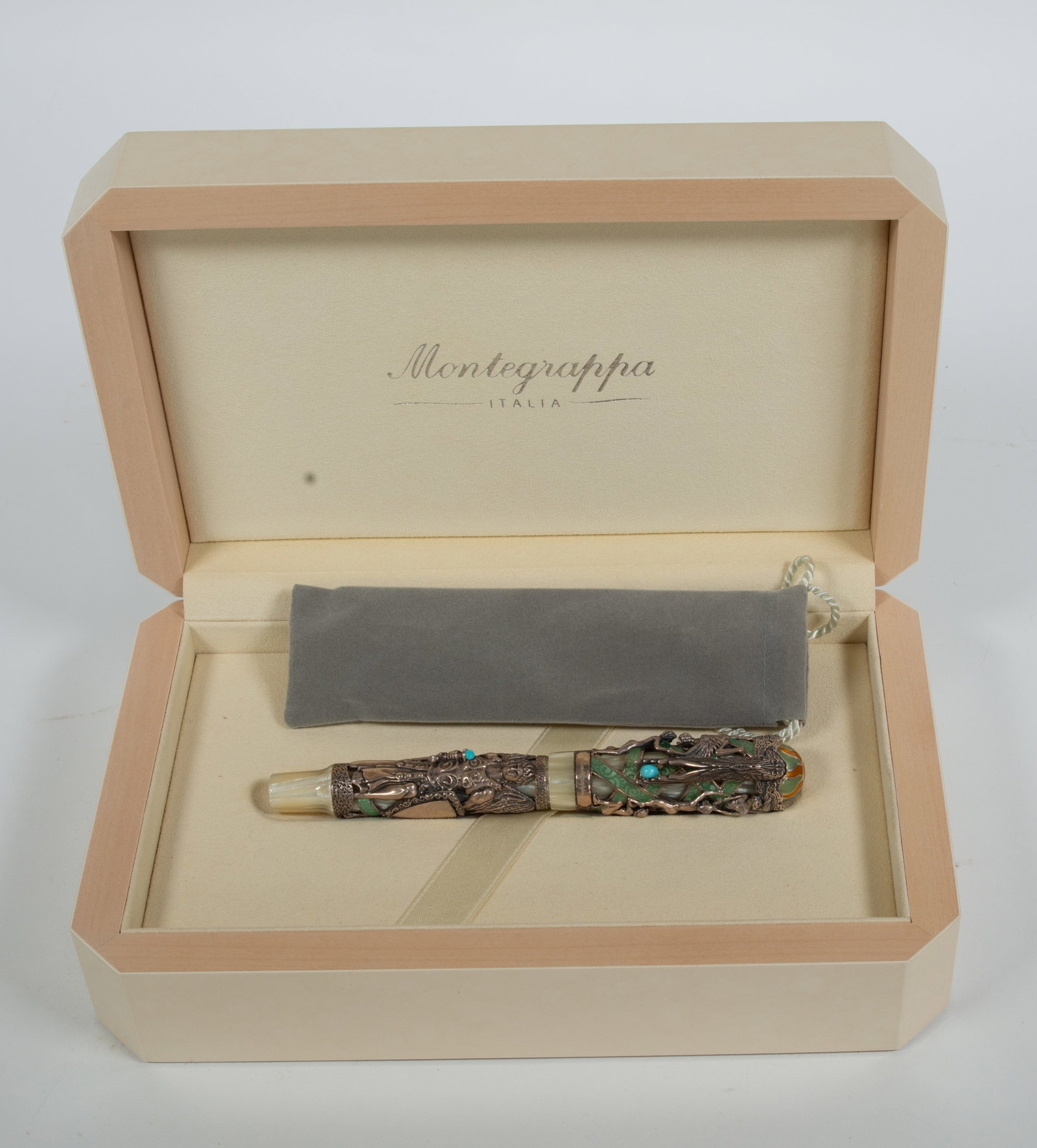 Montegrappa My Guardian Angel Sterling Fountain Pe: Qualifies for in-house shipping---Limited edition Montegrappa My Guardian Angel sterling silver fountain pen, 18K gold nib, numbered 0363 / 1000, ornately decorated fountain pen with overall