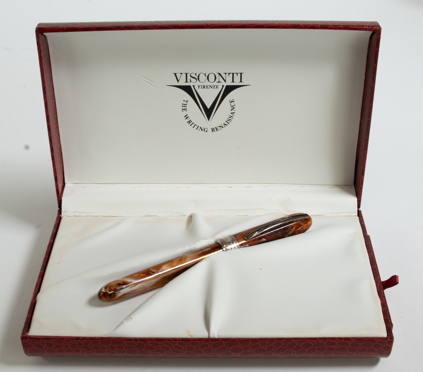 Visconti "Van Gogh" Midi Tortoise Rollerball Pen: Qualifies for in-house shipping---Italian Visconti "Van Gogh" Midi tortoise rollerball pen featuring original design with round cap and barrel; 5 1/2"L; in original inner and outer boxes---Lot also