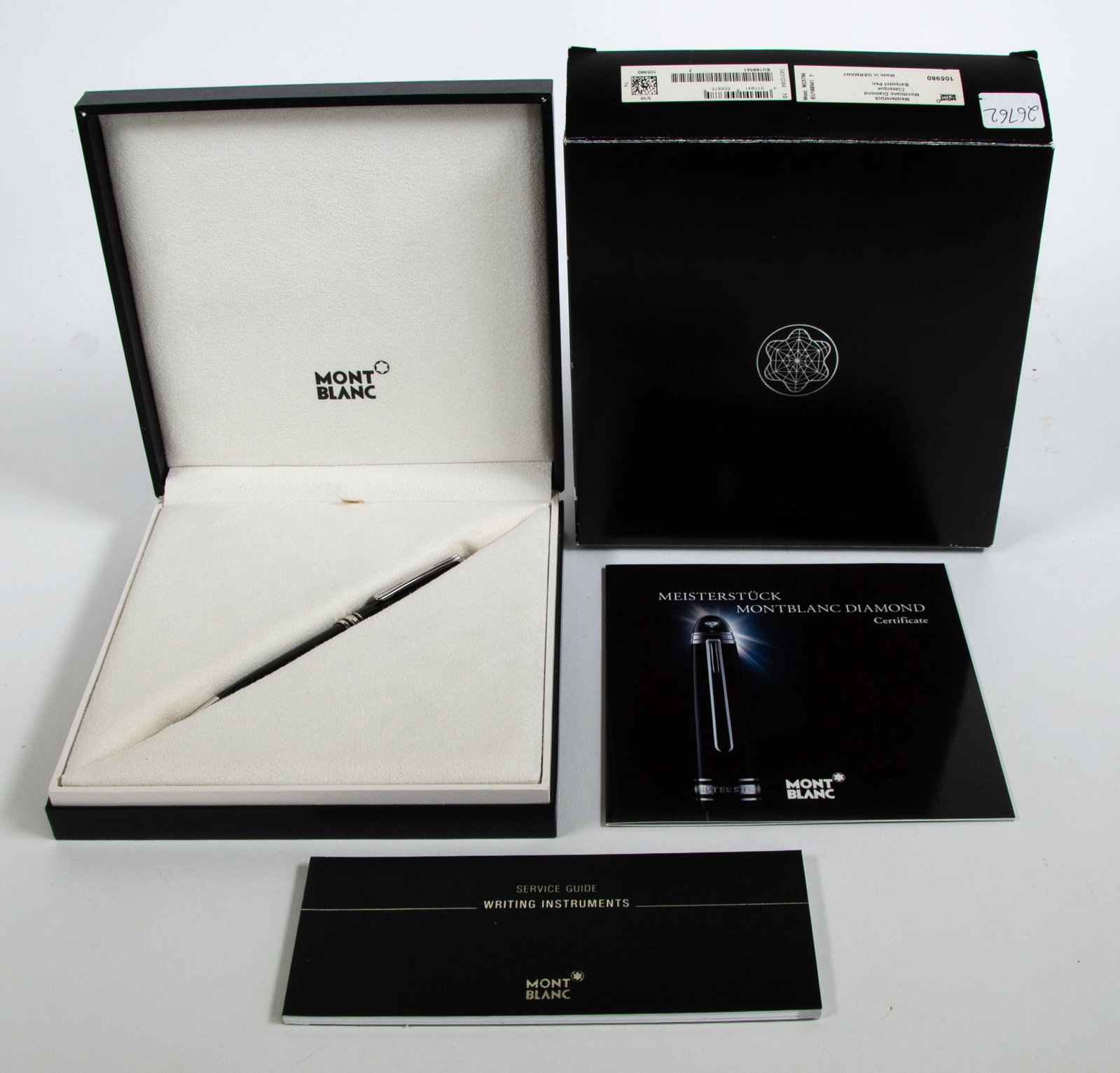 Montblanc Meisterstuck Diamond Ballpoint Pen: Qualifies for in-house shipping---Montblanc Meisterstuck Diamond Classique Ballpoint Pen 105980, black resin and having a clear resin cap top embedded with a .03 carat star cut diamond, in original