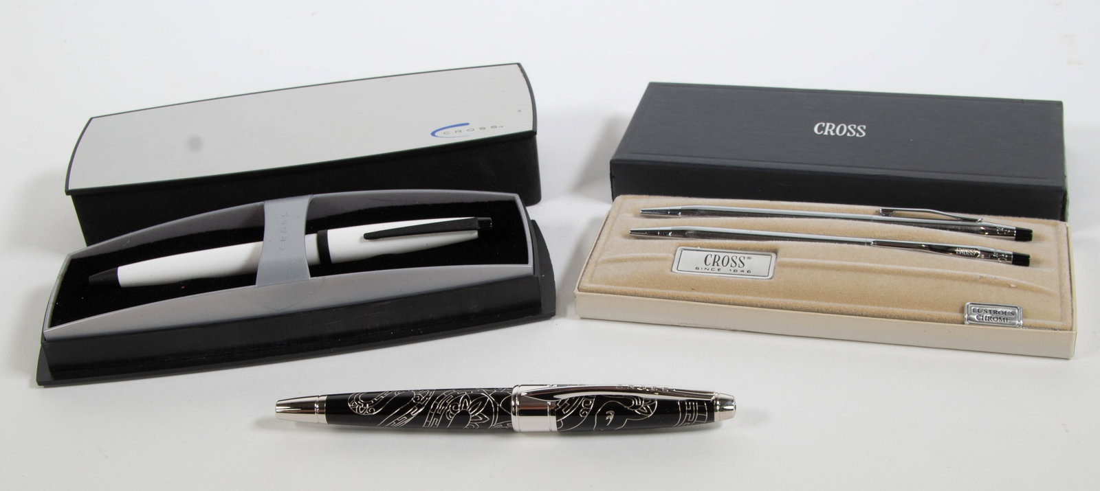 Cross Zodiac Year of the Snake & Other Pens: Qualifies for in-house shipping---Cross special edition 2013 Year of the Snake rollerball pen; 5 1/2"L---Cross rollerball pen, white with black accents, in original gift box; 5 1/2"L---Cross chrome