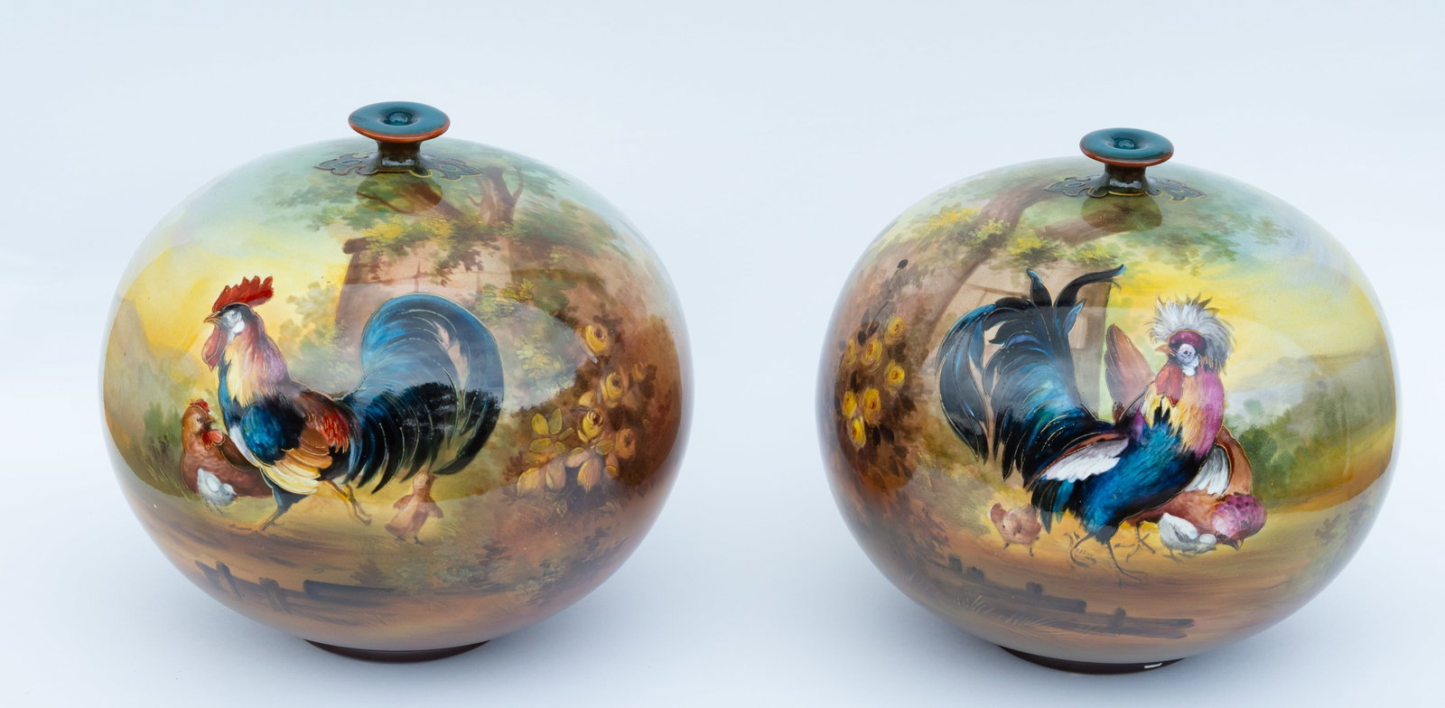 Pr. Royal Bonn Fighting Cocks Vases, Hand Painted: Qualifies for in-house shipping---Pair of exceptional hand painted and artist signed vases; each depicting a prominent and colorful image of a fighting cock with chickens and chicks in the