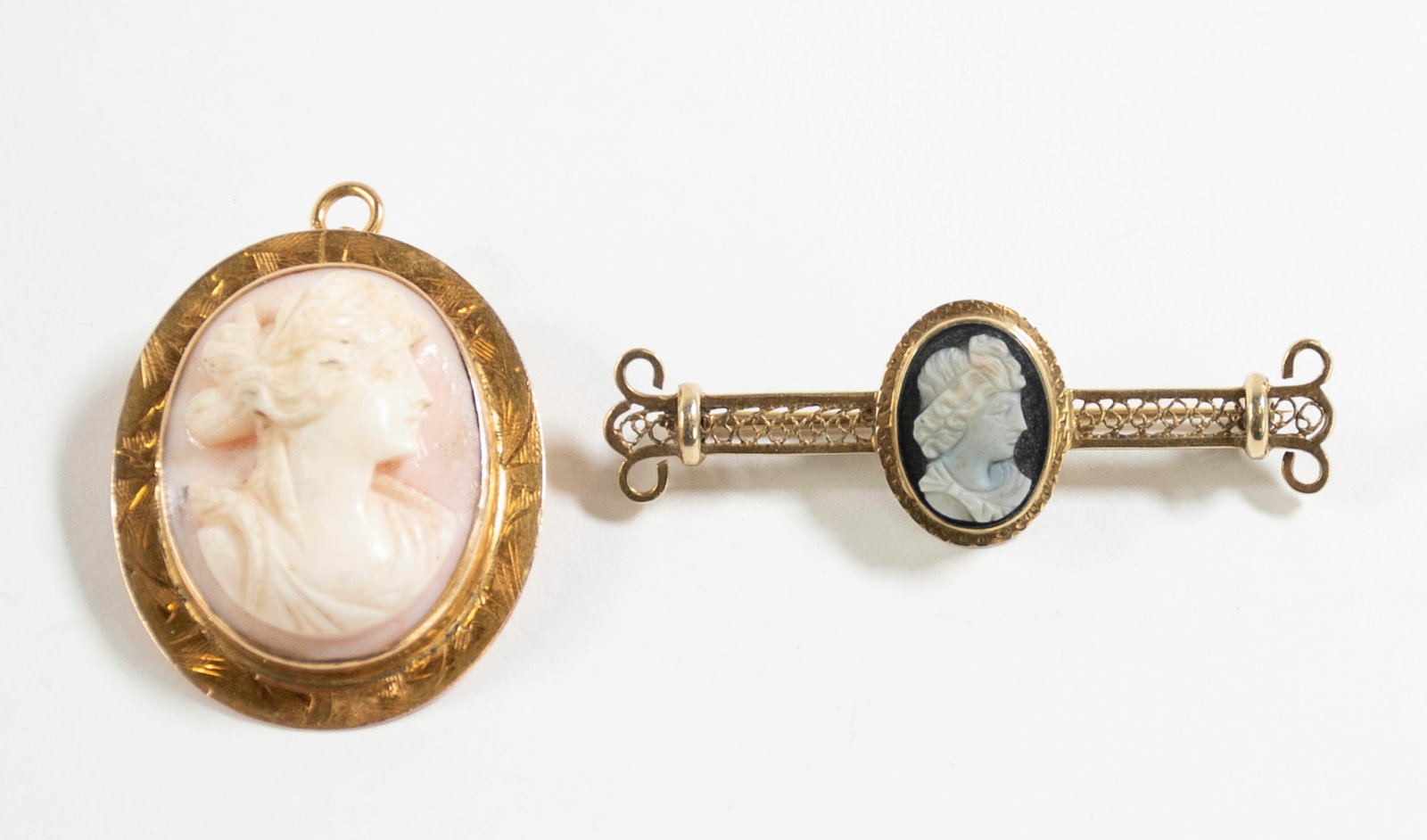 14K Cameo Bar Pin, 10K Cameo Brooch/Pendant: Qualifies for in-house shipping---Two items: 1. Filigree 14K yellow gold bar pin with cameo at center, marked "14K"1 3/4"W, 9/16"H---2. Carved Grecial maiden set in 10K yellow gold frame with