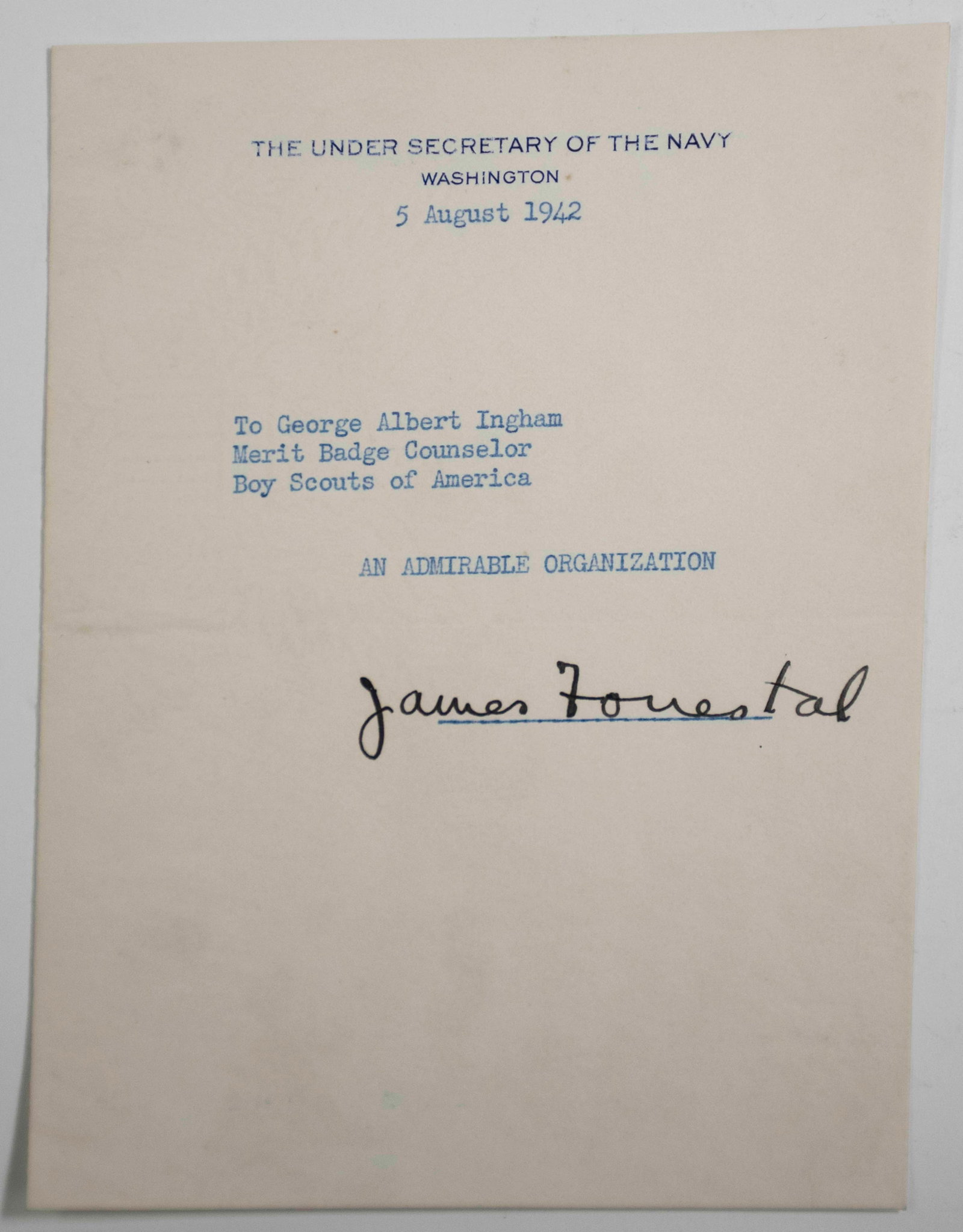 James Forrestal (1892-1949) Signed Note (1 of 2)