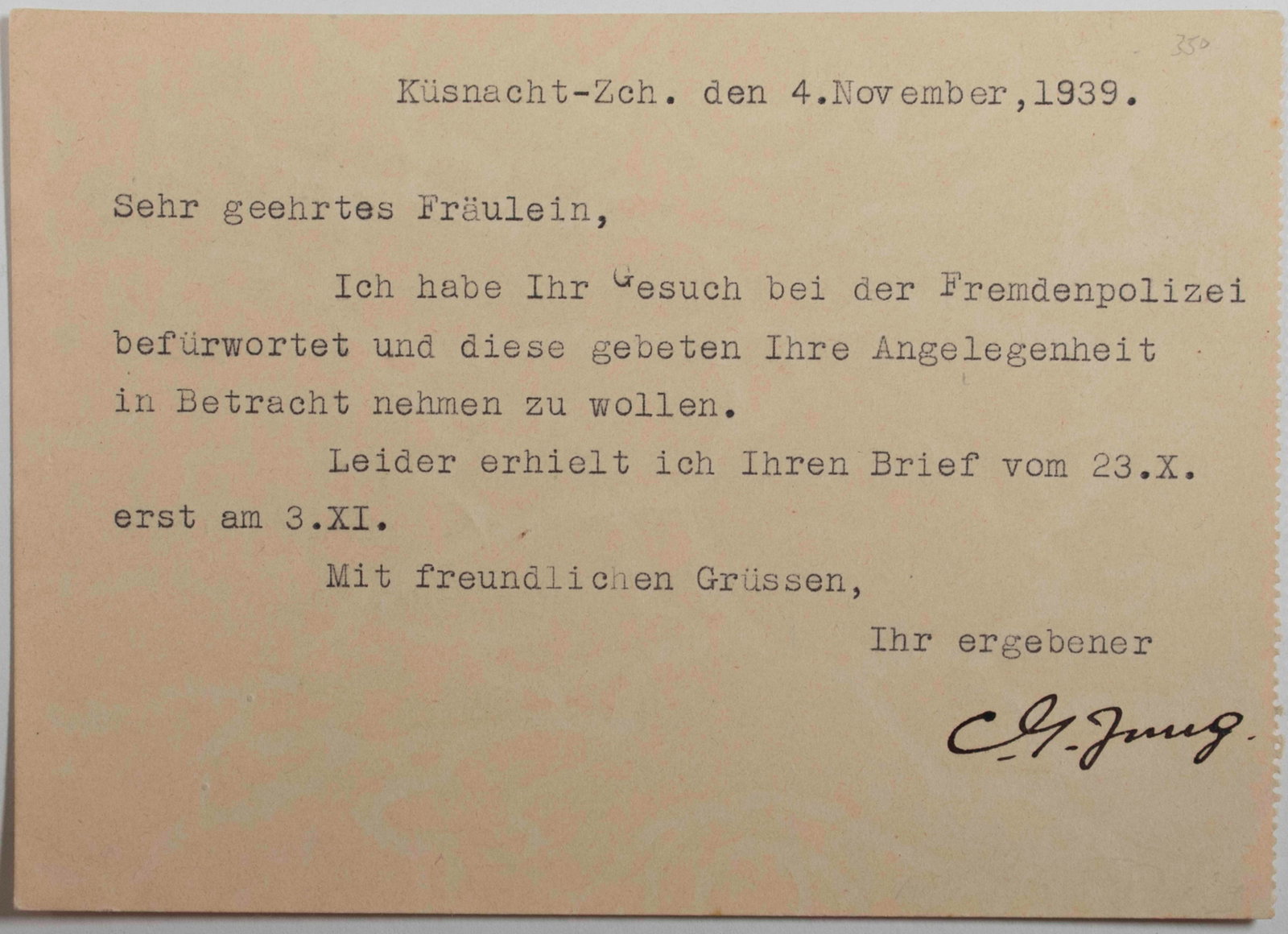 Carl Jung Signed Postcard, 1939 (1 of 3)
